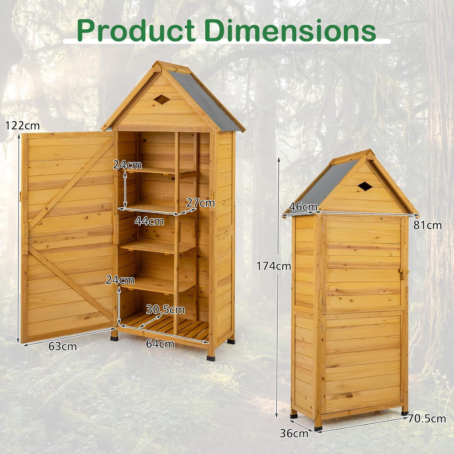 COSTWAY Armoire de Jardin Bois, Abri de Jardin Bois Extérieure avec Porte Verrouillable, Plancher, 4 Étagères Amovibles, Ventilation, Toit en Pente, pour Terrasse, Jardin, Balcon