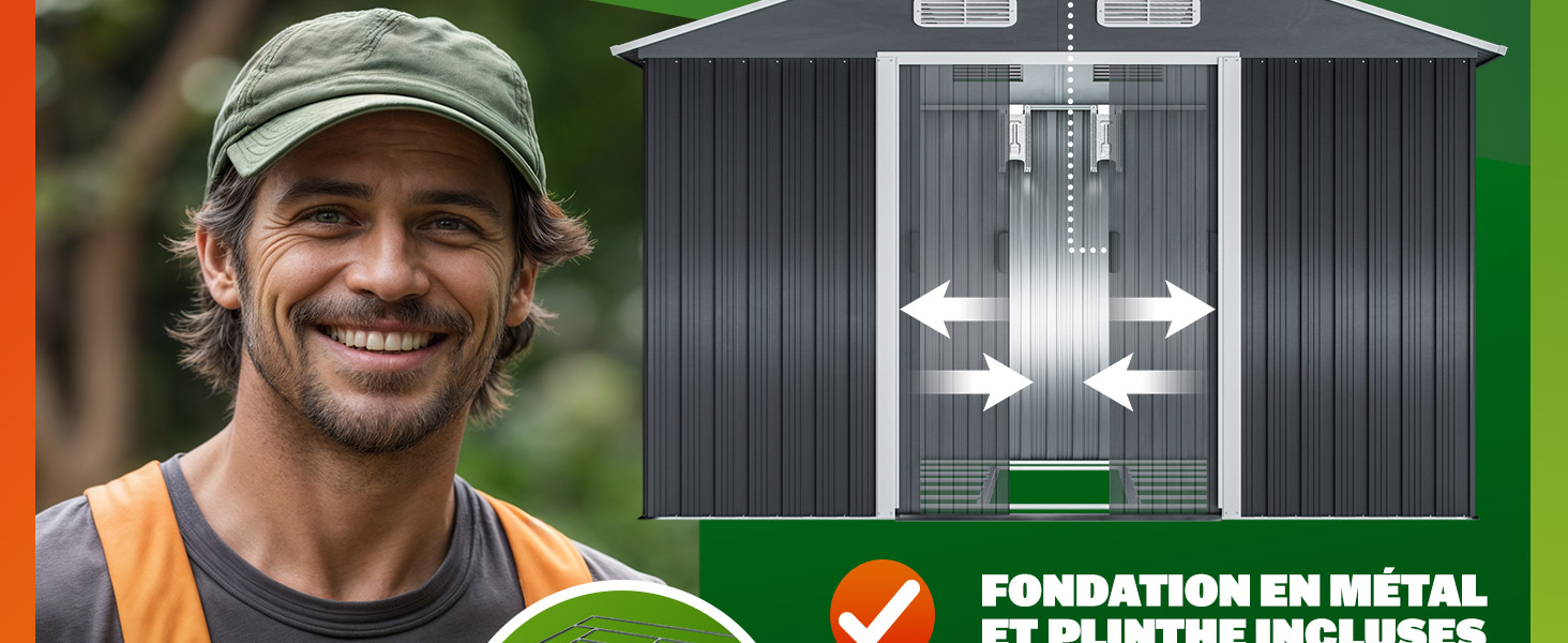 avec portes coulissantes. Le diagramme montre la largeur extensible. Le texte indique la base métallique et les glissières incluses. La coche orange indique la surbrillance de la fonctionnalité