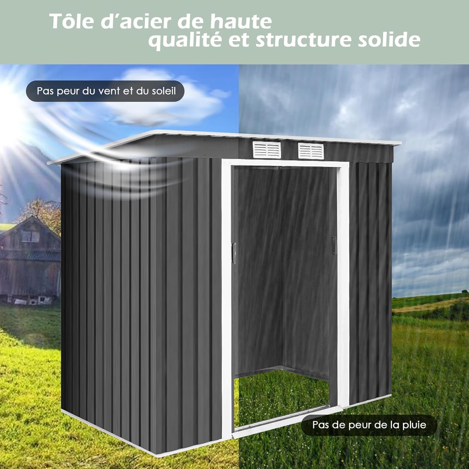 GOPLUS 2,37M² Abri de Jardin en Acier Galvanisé Résistant 4,1m³, 213x130x173CM, Cabane de Jardin Exterieur avec 2 Portes Coulissant, 2 Aérations, Toit Incliné, Rangement Outils pour Pelouse, Patio