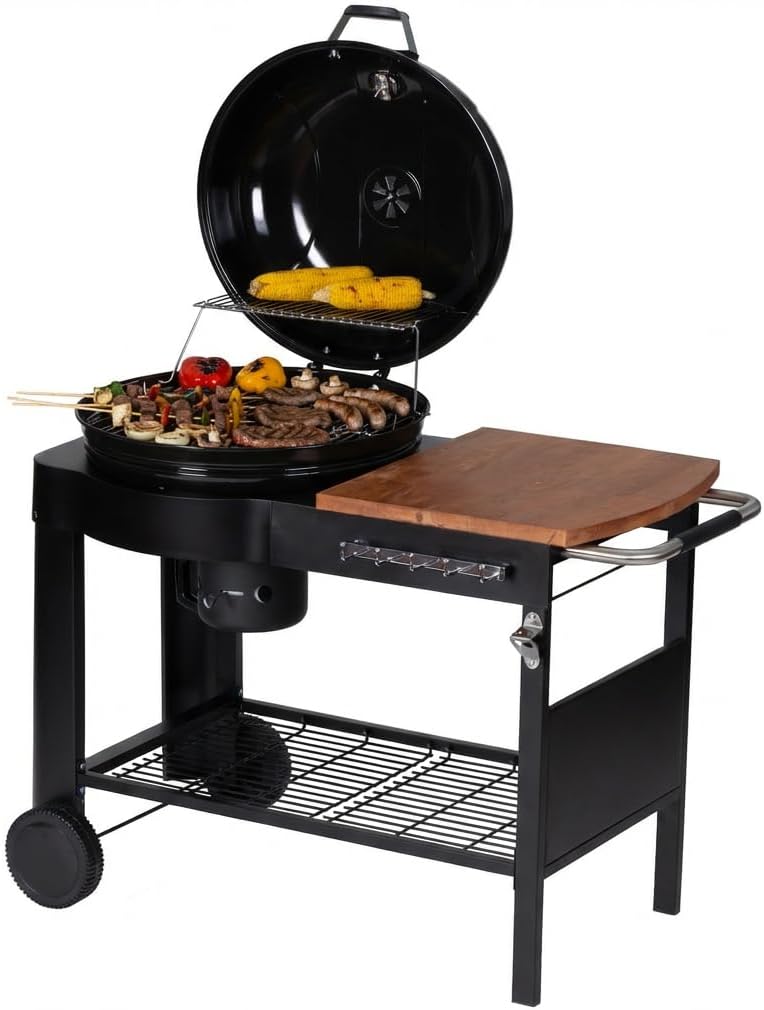 Tarrington House - Barbecue Calgary - acier/bois - couvercle thermomètre, tablettes, 2 roues, noir