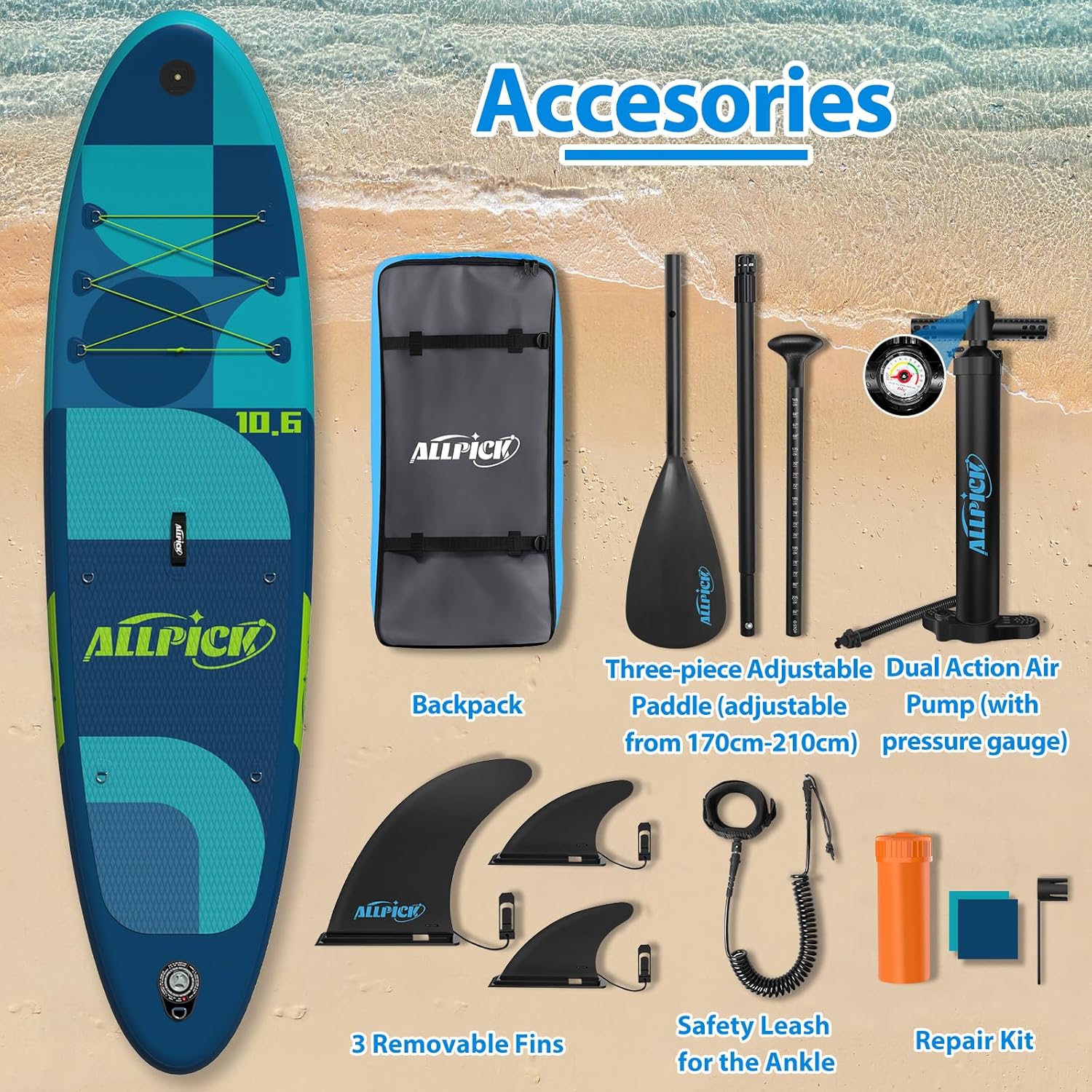 ALLPICK Paddle Gonflable, Kit de Padelsurf de Stand Up Paddle Sup Gonflable de 320 cm, avec Support Universel pour Caméra, Pagaie réglable, Débutants et confirmés, 200 kg