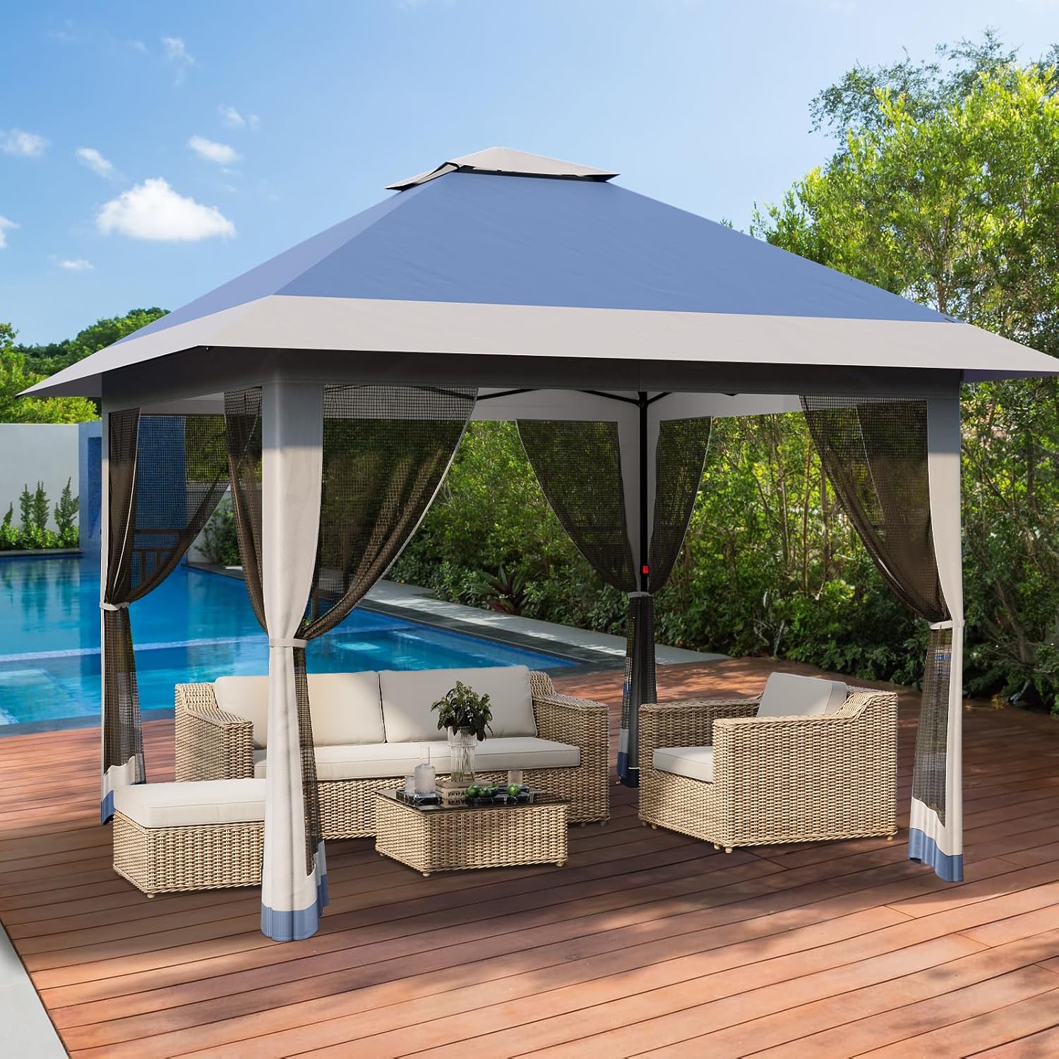 Garvee - Tonnelle pop-up série jardin - 3,96x3,96m - toit double imperméable, moustiquaire, hauteur réglable
