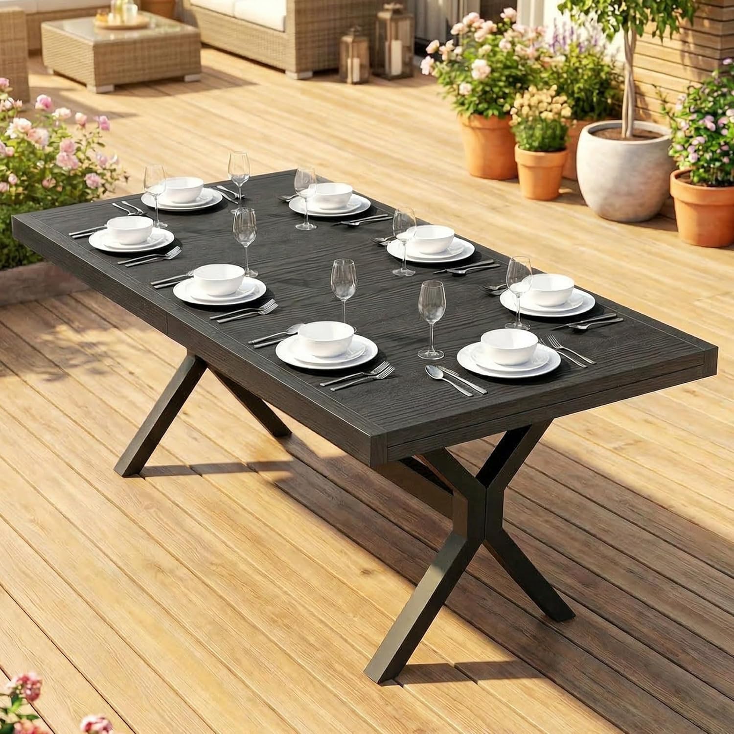 Outsunny - Table Extensible Jardin - 154-214 cm - Alu effet bois, 8-10 pers, pieds réglables, structure X, gris anthraci
