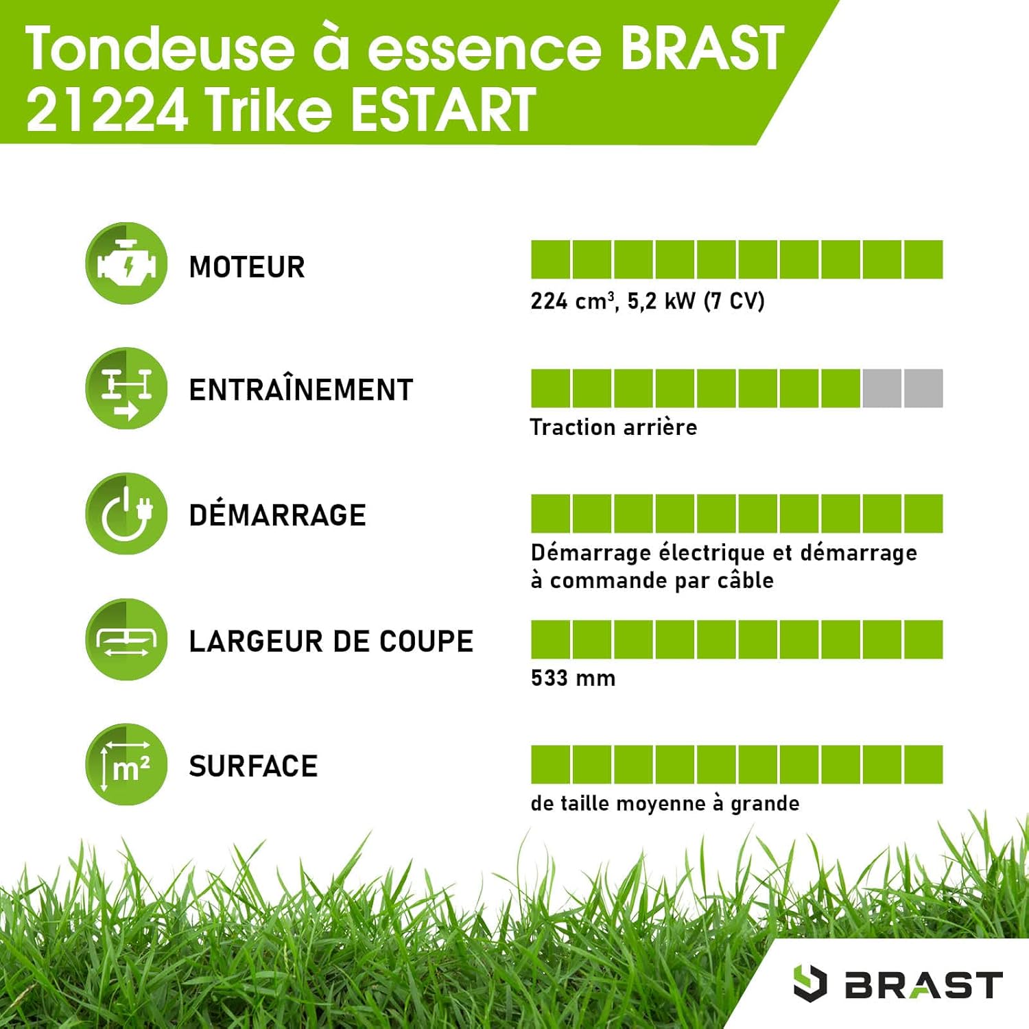 BRAST - tondeuse thermique 3 roues 53cm, 224cc, tractée, démarrage électrique, mulching, 4en1, TRIKE E-START