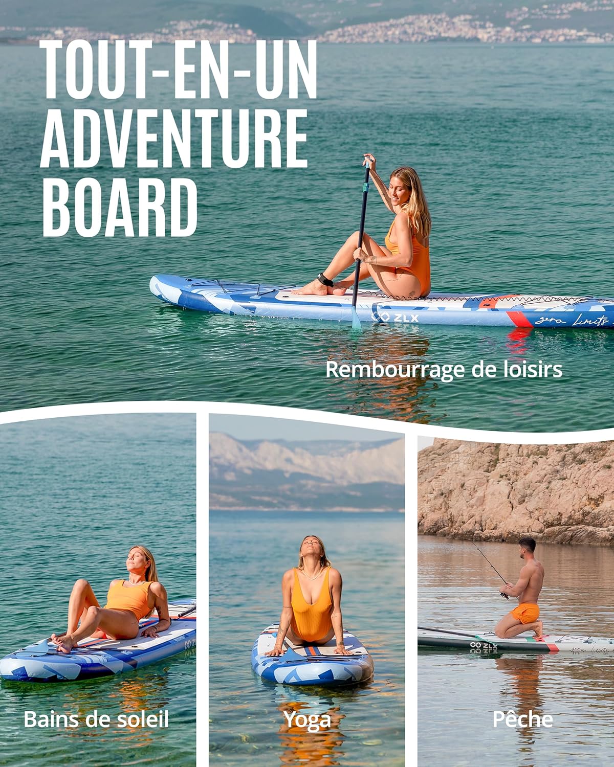 ZLX Paddle Gonflable 350 x 89 cm Extra Large Sup | Planche Stable Antidérapante, Aileron Amélioré, Accessoires Premium, Sac & Pompe Haute Pression, pour Adultes Tous Niveaux avec Siège Gonflable
