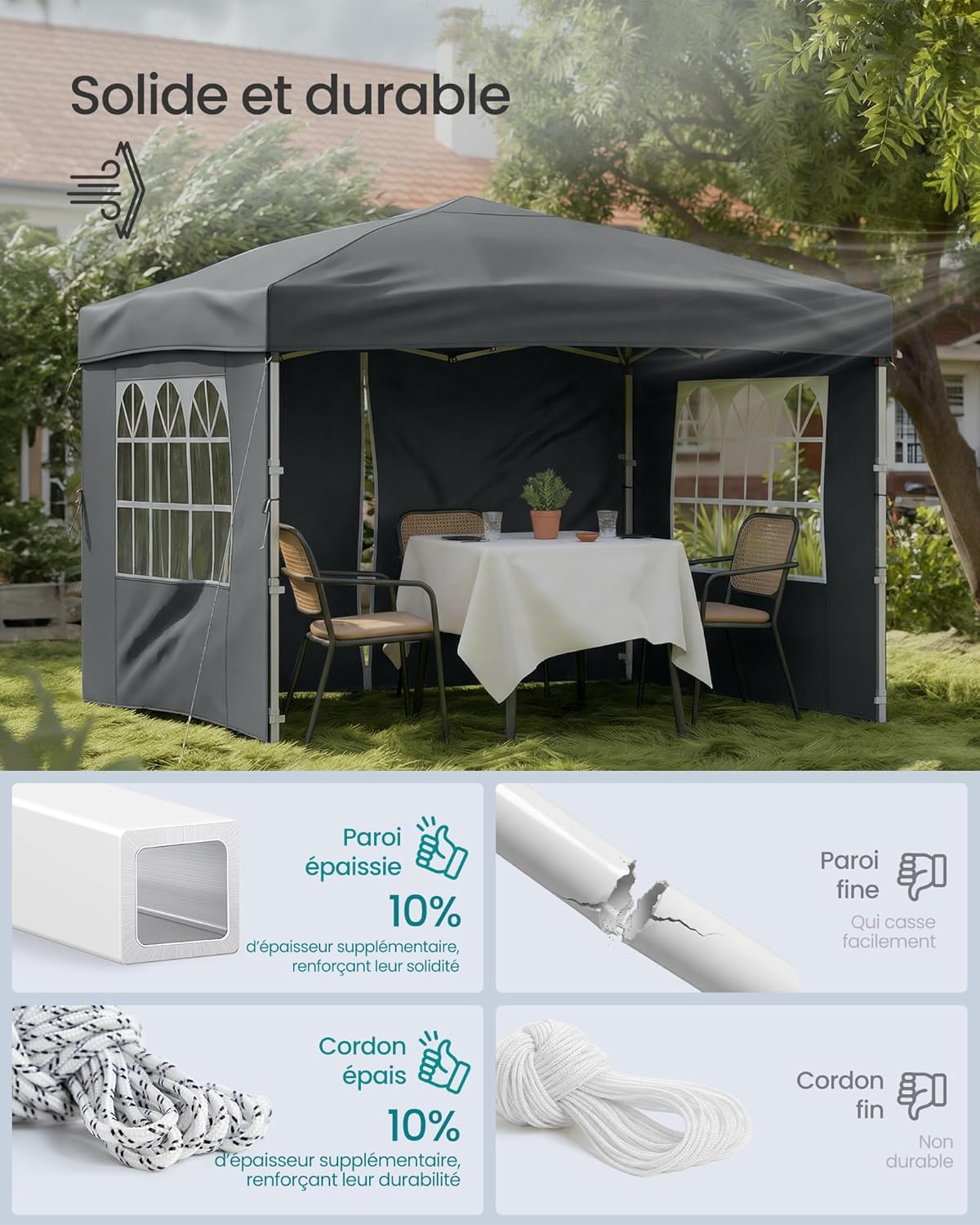 Tonnelle SONGMICS - Chapiteau pliable 3x3m - Protection solaire, résistante aux petites pluies, portable, avec parois la