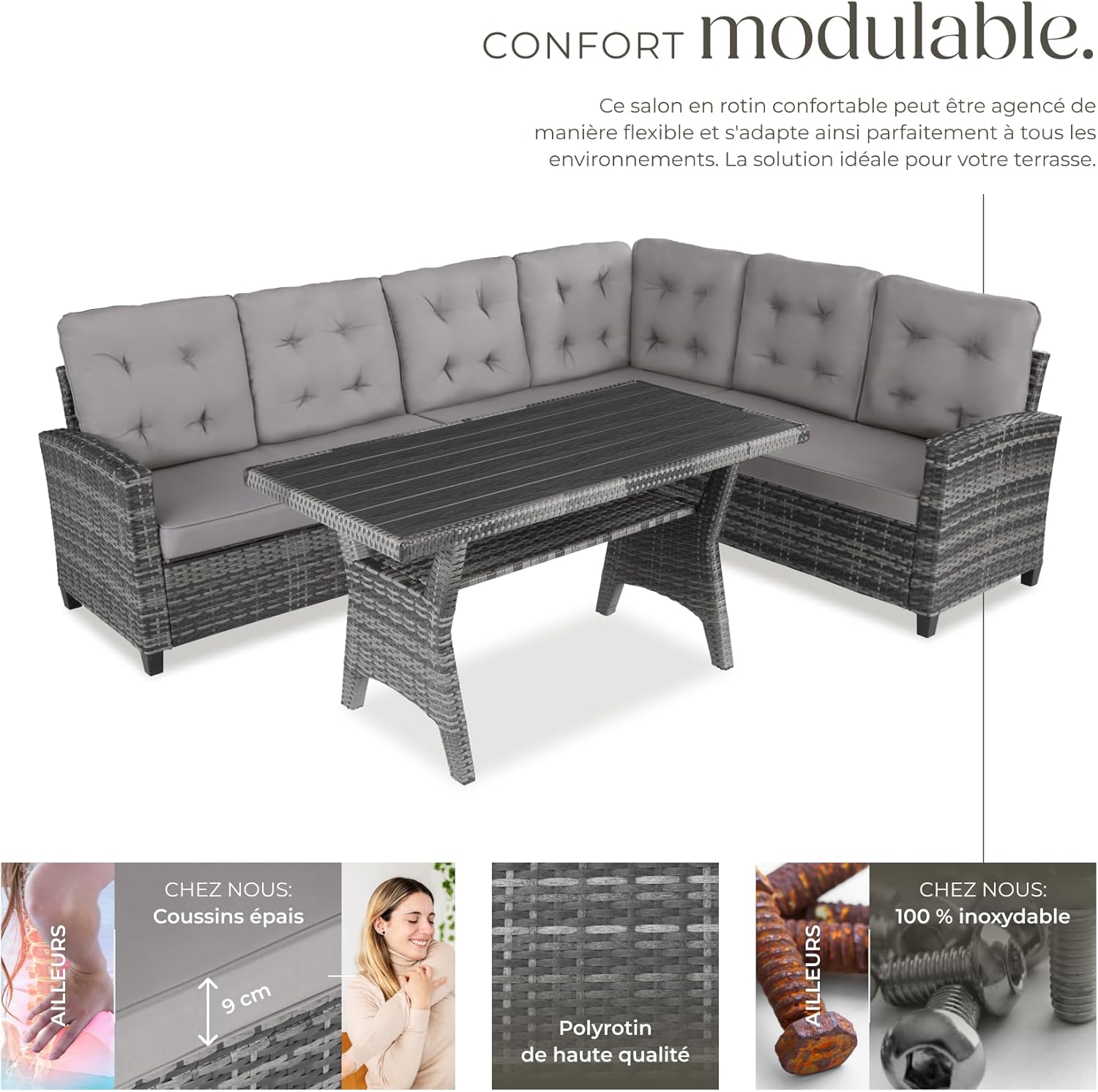 Tectake - salon de jardin XXL canapé 6 places table poly rotin rembourré