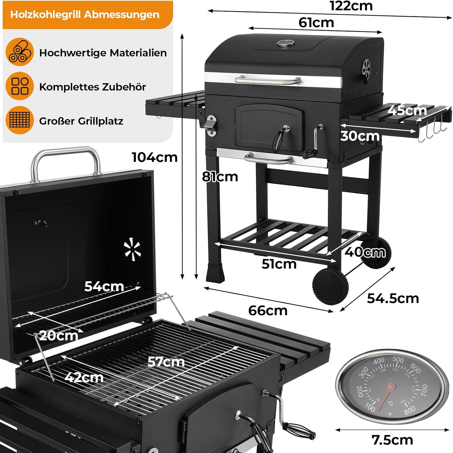 LIFERUN - Barbecue charbon XXL - grand chariot, fumoir et thermomètre