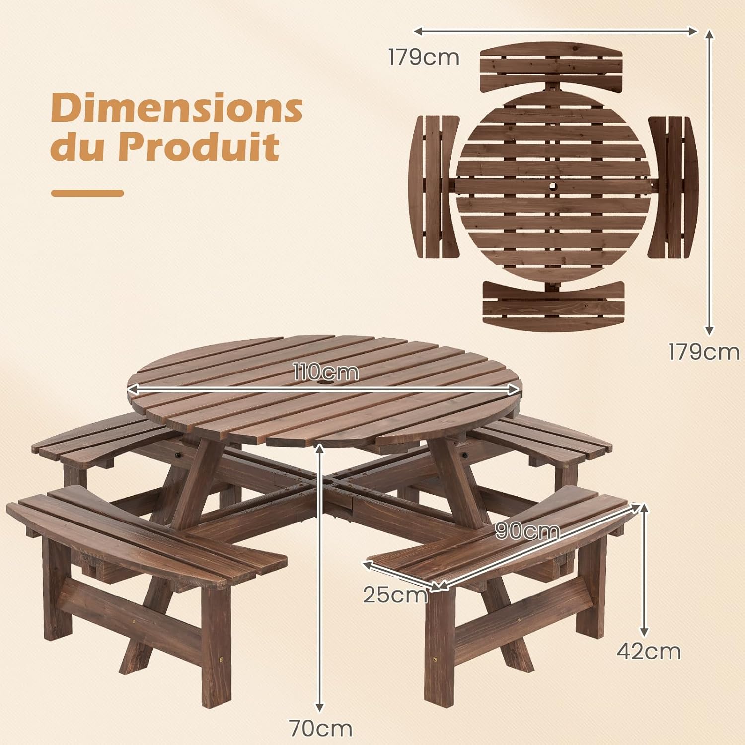 GOPLUS - Table pique-nique ronde 8 places - 4 bancs intégrés, parasol 5cm, marron, 100+250kg