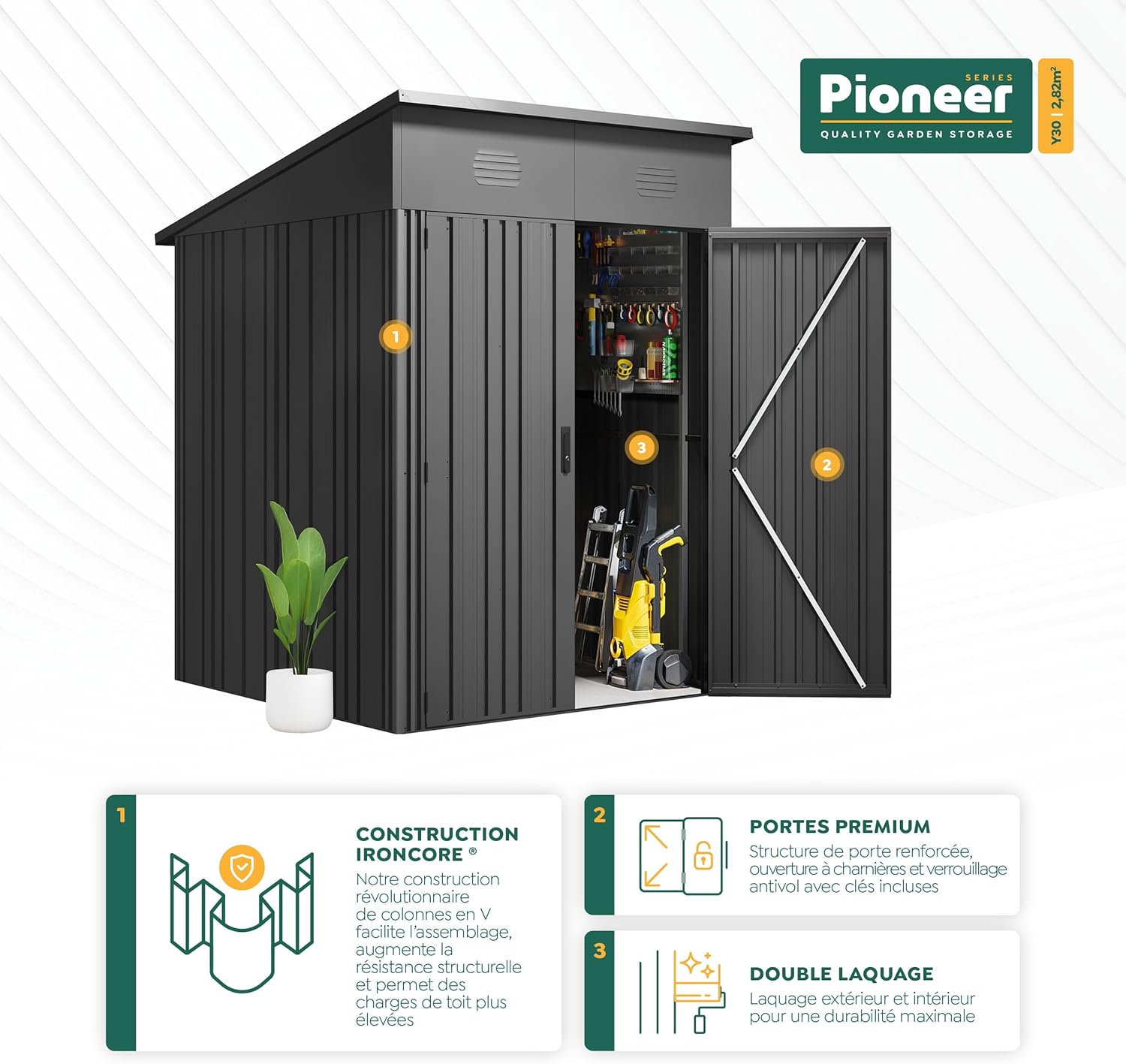 Hoggar - abri Pioneer - 162x174x207cm - métal, portes renforcées, serrure à clé, plafond robuste, 2,82m² - Y30