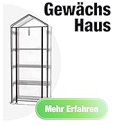 Le texte indique « Gewächs Haus » avec le bouton « Mehr Erfahren ». Dessin au trait simple de la structure de la serre avec plusieurs étagères.