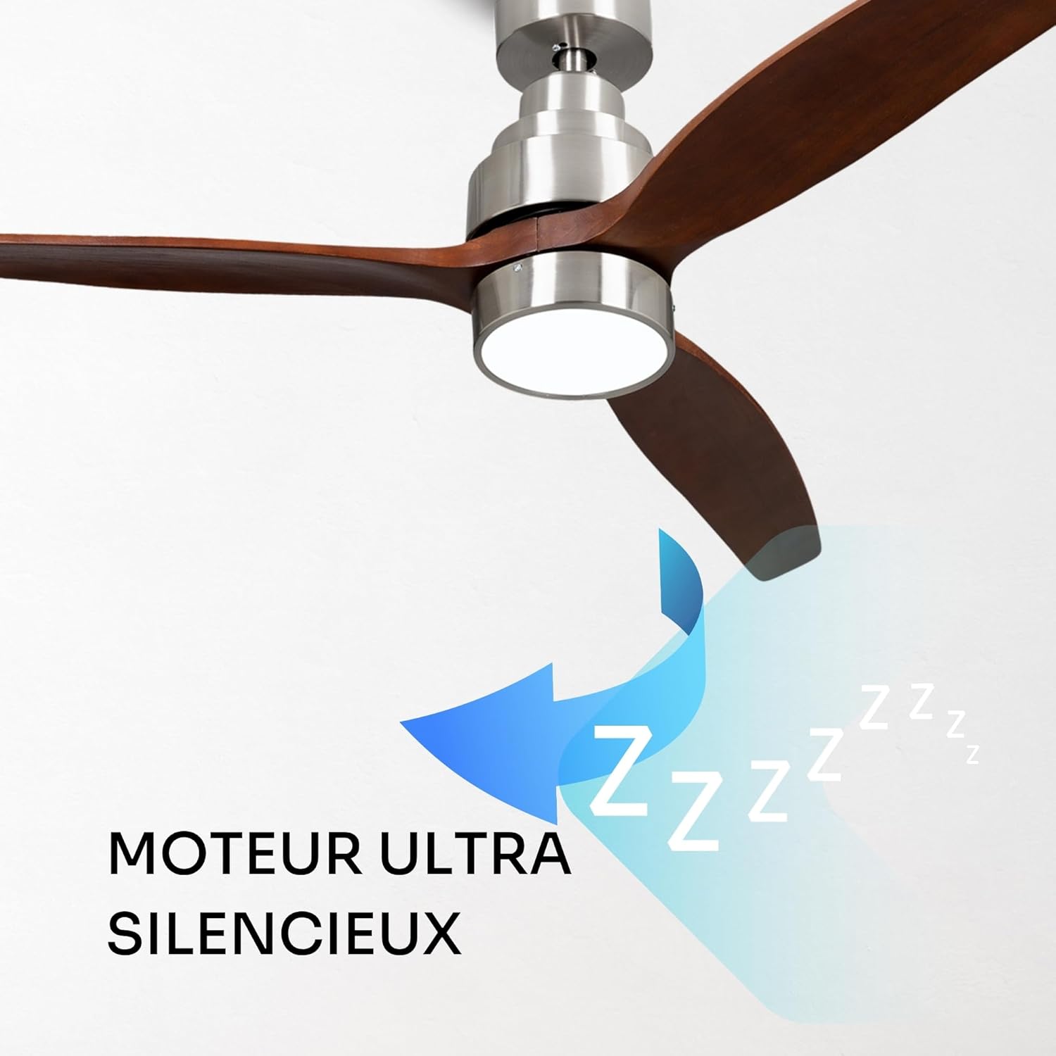 Mellerware - Ventilateur de plafond avec télécommande Brizy! Bright 45W | Lampe puissante | Ultra silencieux | 3 lames | Diamètre 132cm | 6 vitesses | Refroidissement + LED intégrée | Bois foncé