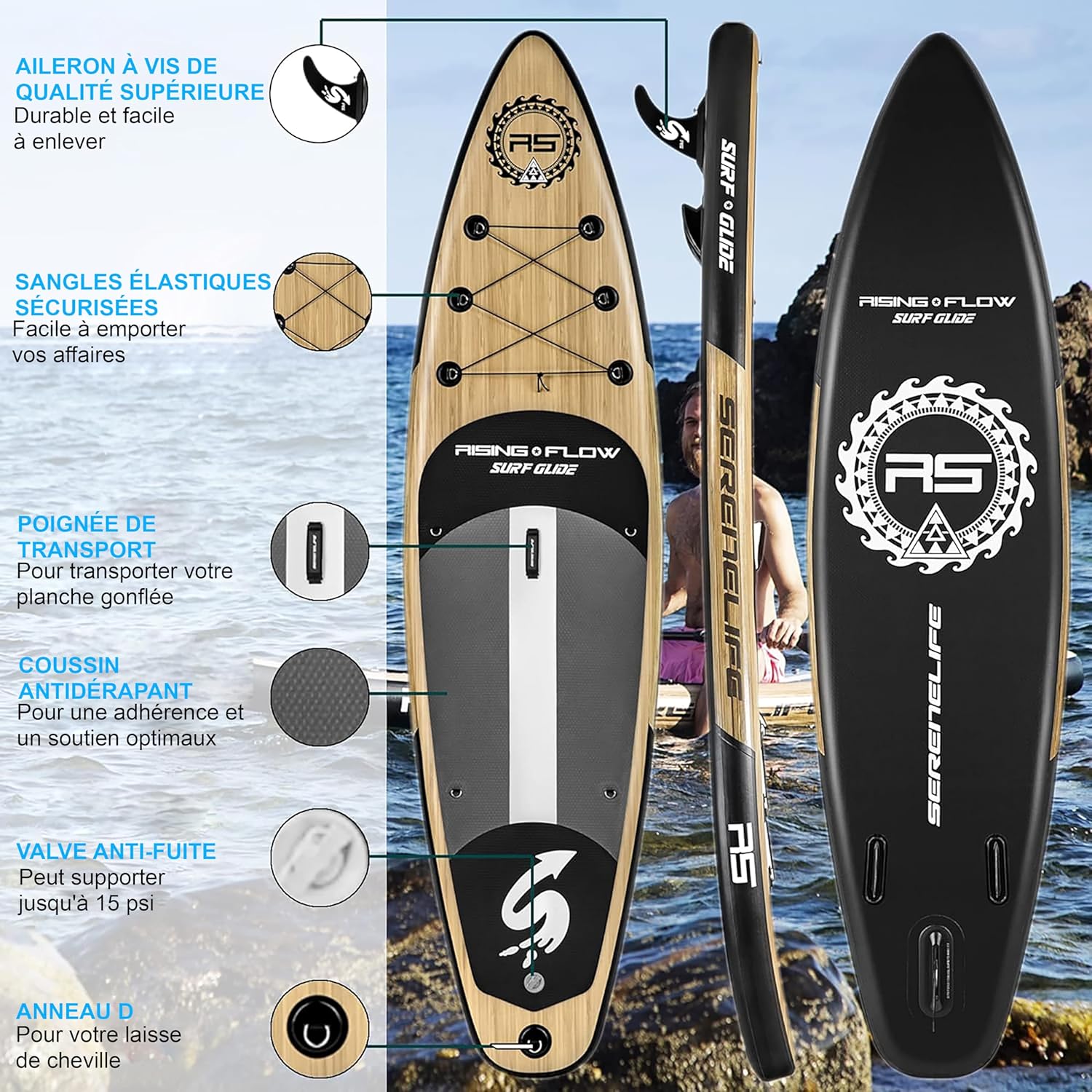 SereneLife Stand Up Paddle Gonflable Adulte 6” – Planche de Paddle avec Accessoires Sup, Sac de Transport, Pont Antidérapant, pour Mer, Lac, Rivière