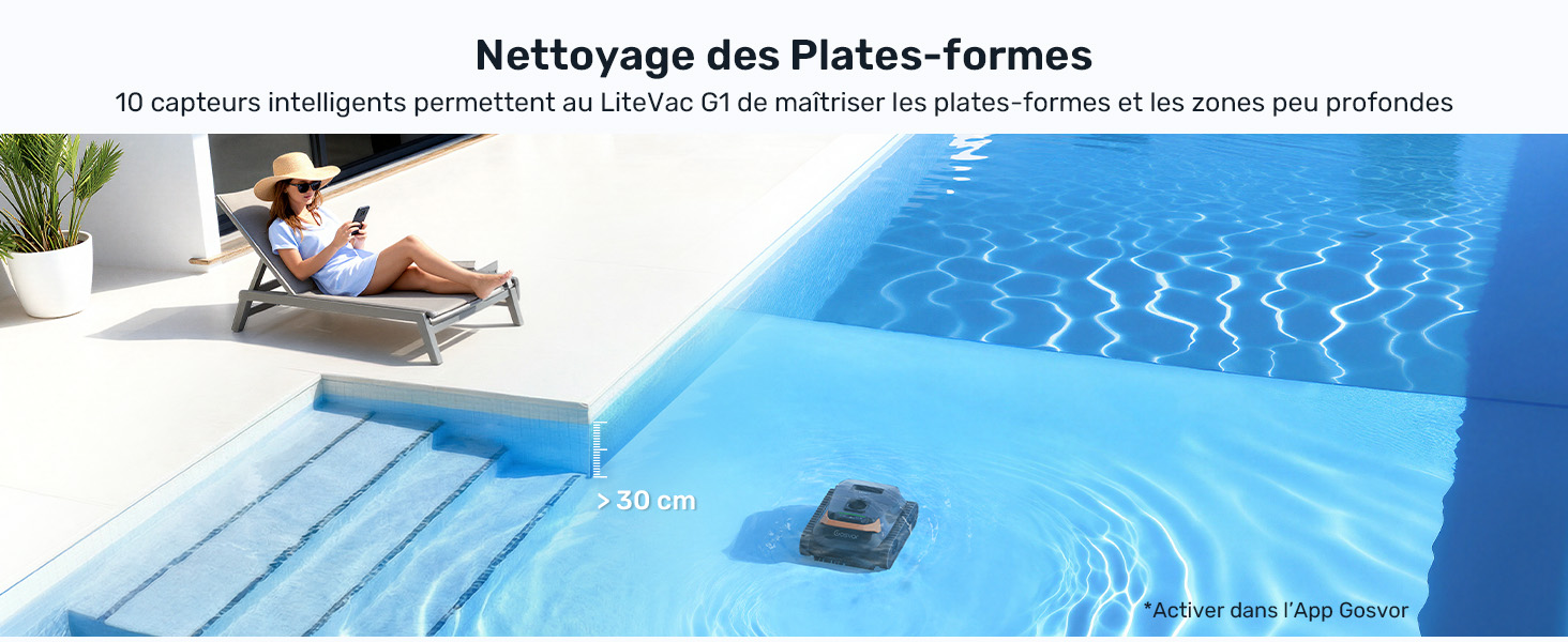 Le texte se lit comme suit : « Nettoyage des Photos-Formes ». Interface numérique bleue montrant un ordinateur portable affichant des images de surface de l'eau avec visualisation de l'effet d'ondulation.