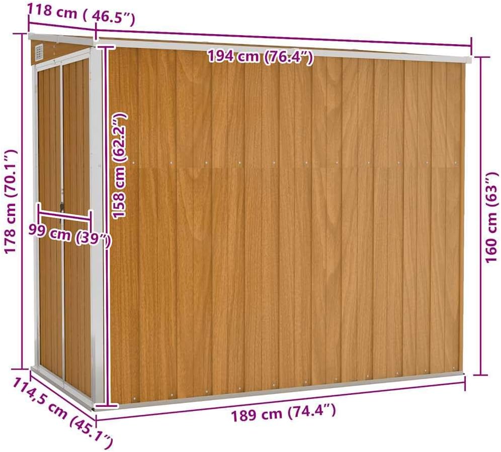Générique Abri de Jardin Mural Marron 118x194x178 cm Acier galvanisé,Structures extérieures, Cabanes & abris de Jardin,316224