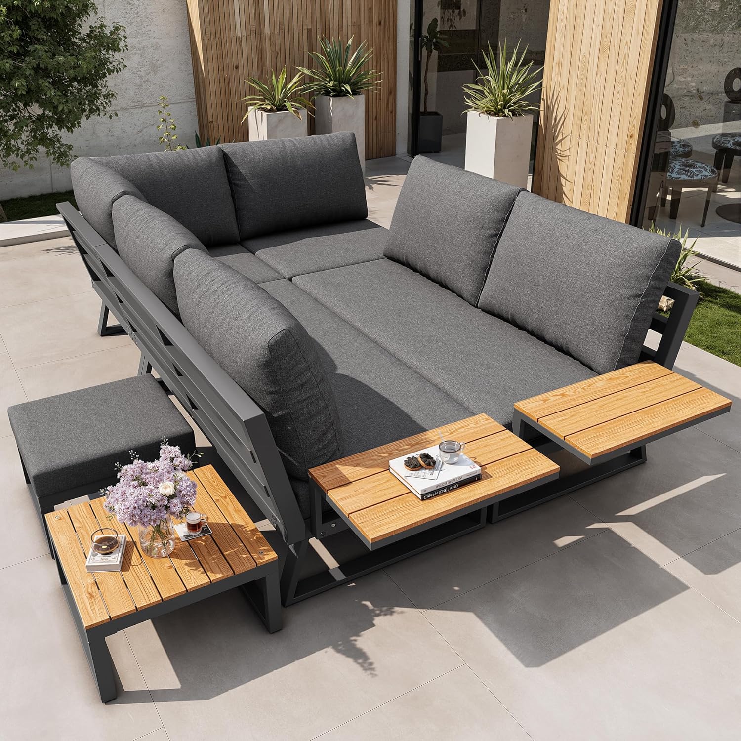 Sapgaks - salon de jardin 7 places, angle inclinable, coussins, table basse - F-Gris