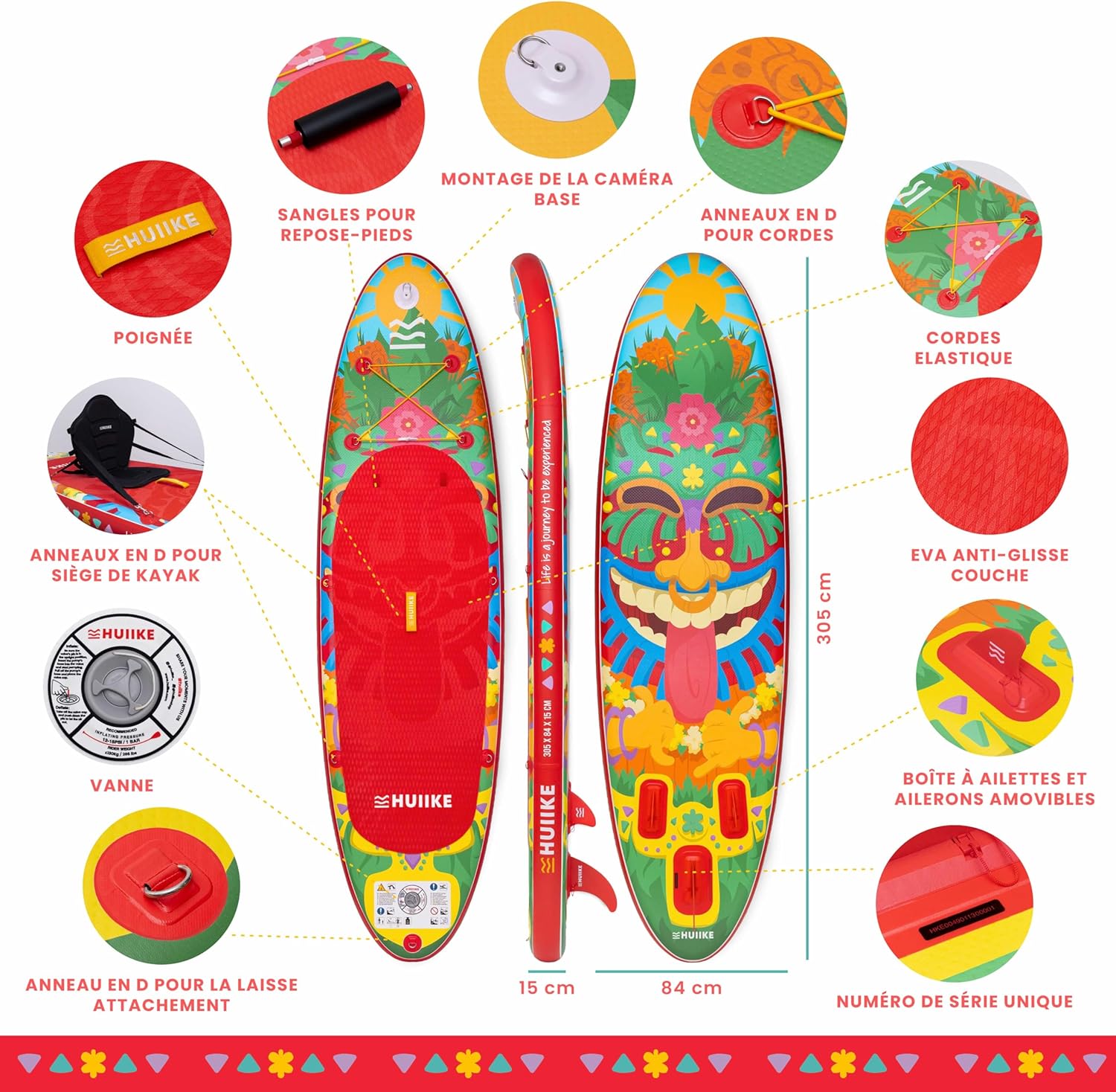 HUIIKE Paddle Gonflable Adulte avec Accessoires Inclus, Pagaie, Ailerons, Pompe. Planche de Stand Up Paddle Grande Stabilité et Résistance. 305 x 84 x 15 cm, Jusqu'à 130 kg