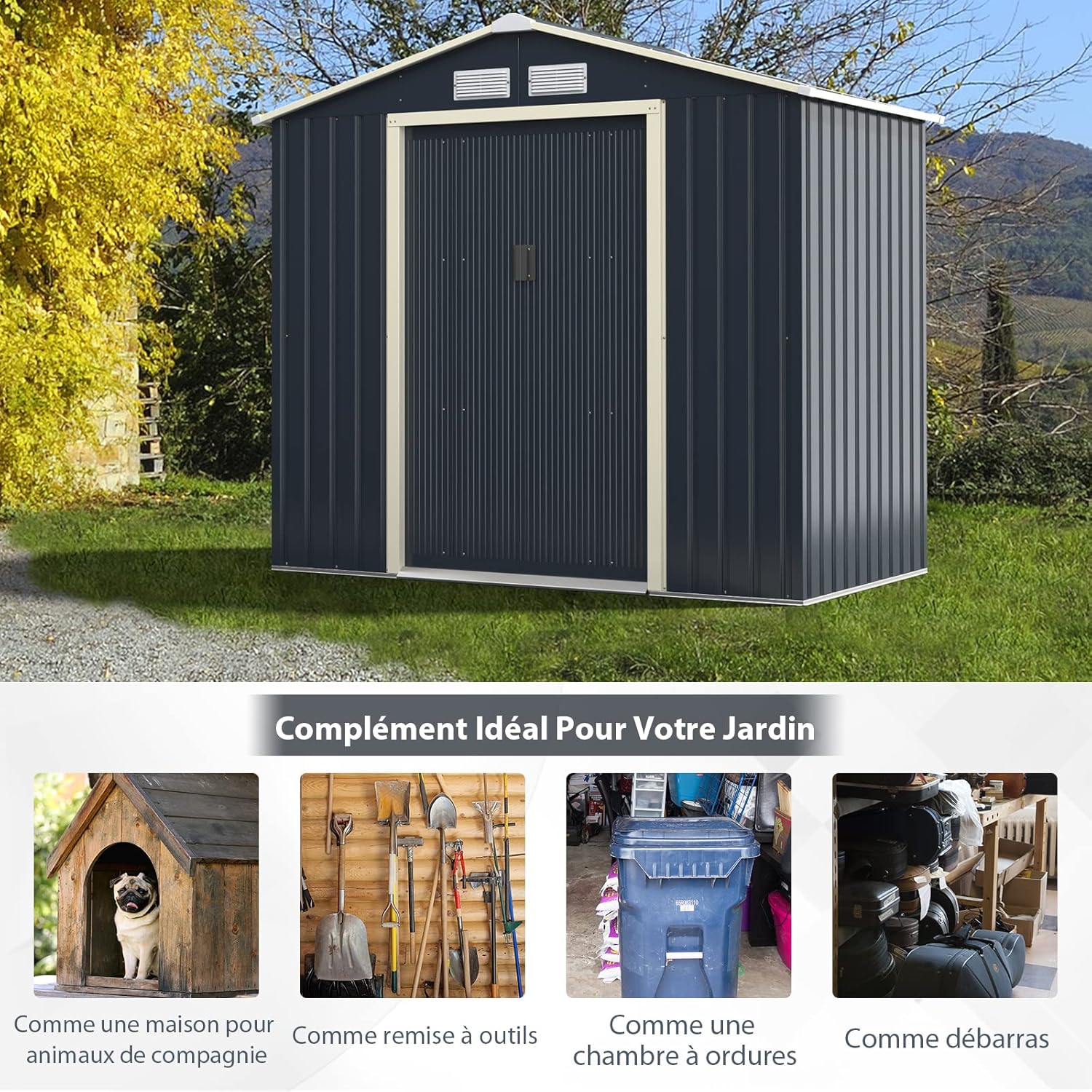 COSTWAY - Abri de Jardin Métal - 213,5x127x194,5cm - 2 portes coulissantes, toit incliné, 4 aérations