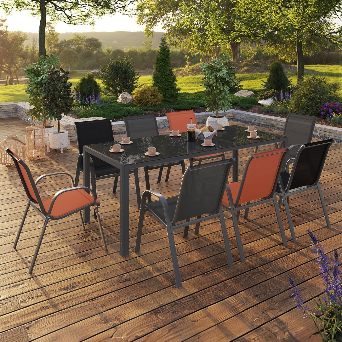 IDMarket - Salon Madrid - table 190cm, 8 chaises empilables mixte