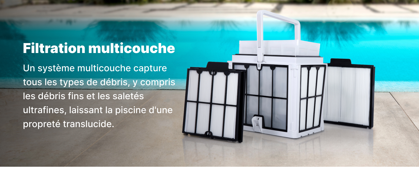 avec plusieurs cartouches filtrantes, conçu pour capturer différents types de débris afin de maintenir une eau claire.