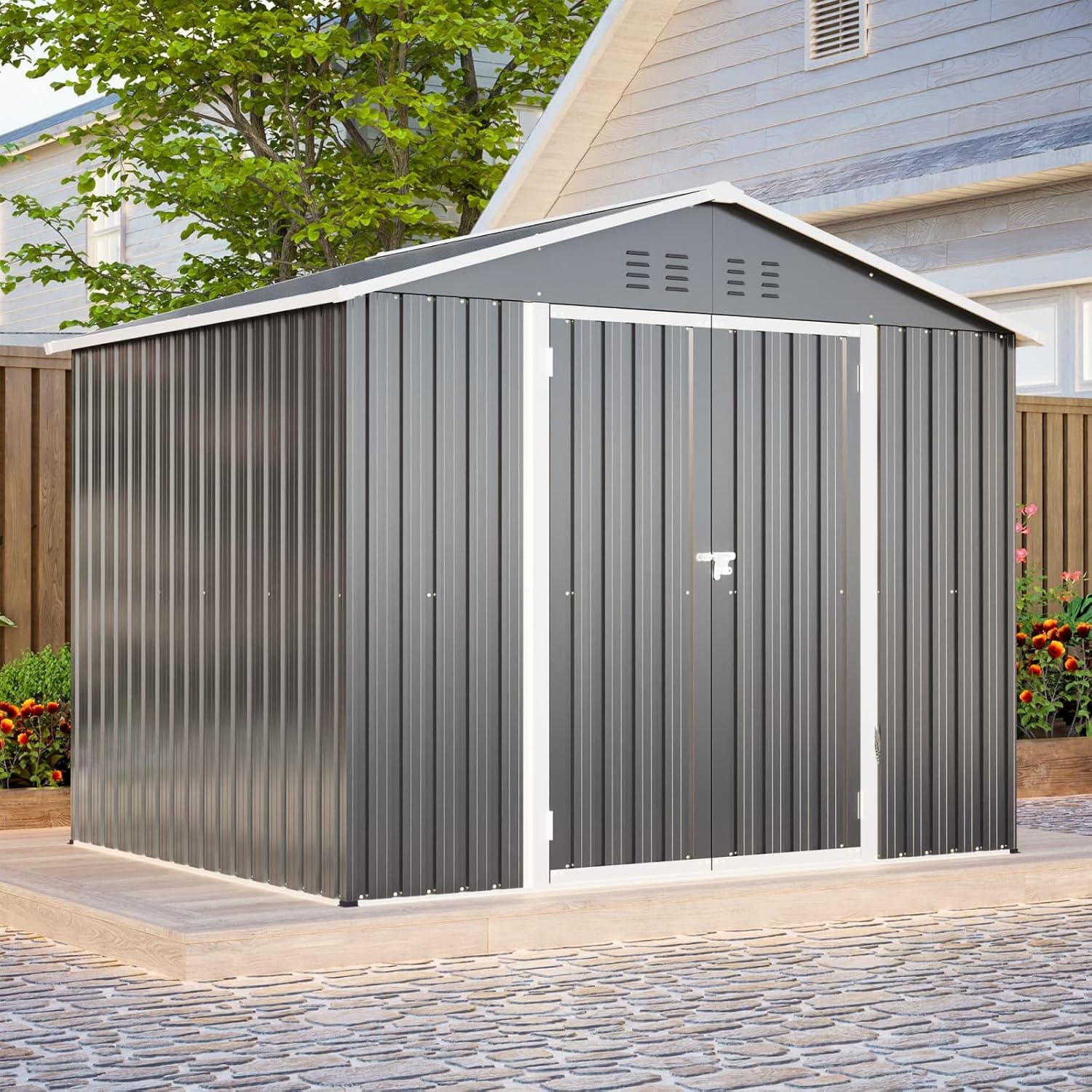 KOMHTOM - abri de jardin métal, 8x8, acier galvanisé, portes verrouillables, cadre inclus - 8X8