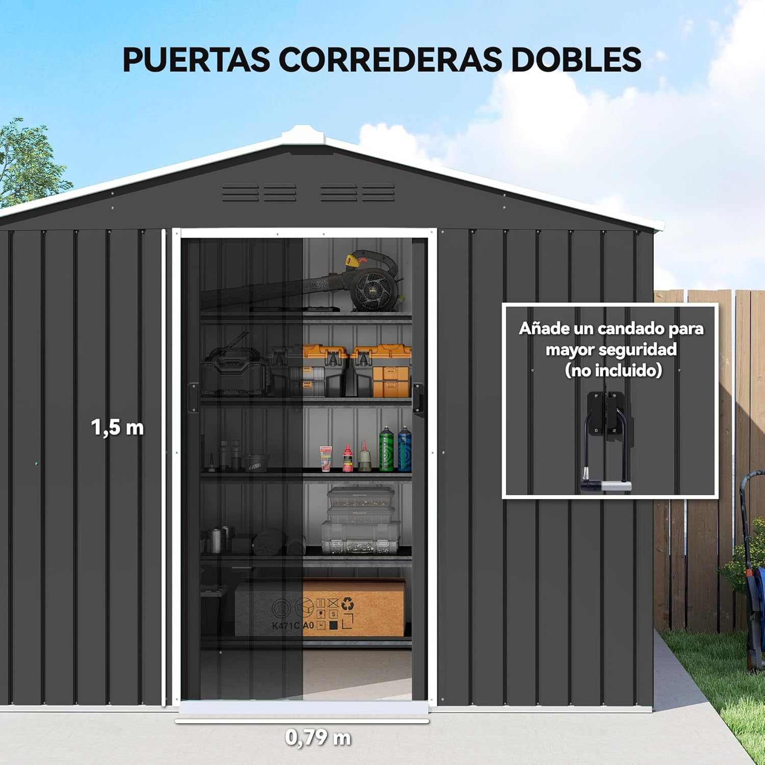 Outsunny Abri de Jardin extérieur 3,6 m², 236 x 171 x 191 cm, abri de Jardin métallique avec Portes coulissantes et Fentes d'aération, pour Le Rangement d'outils, Gris foncé