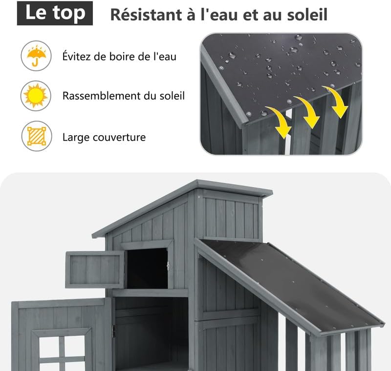 Abri de Jardin en Bois 124x46x174cm,Rangement Outils de Jardin,Cabane de Jardin Extérieur avec Serrure en PVC incliné à loquet,Gris