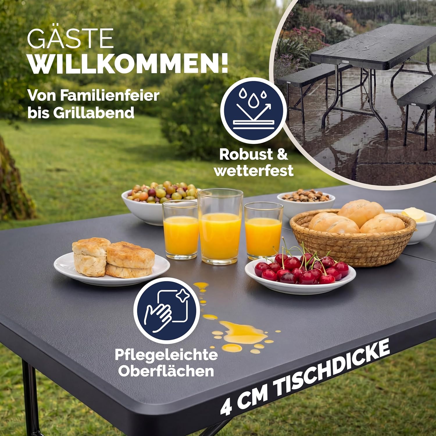 CASARIA - Ensemble table pliante série, 180 cm, 8 personnes terrasse
