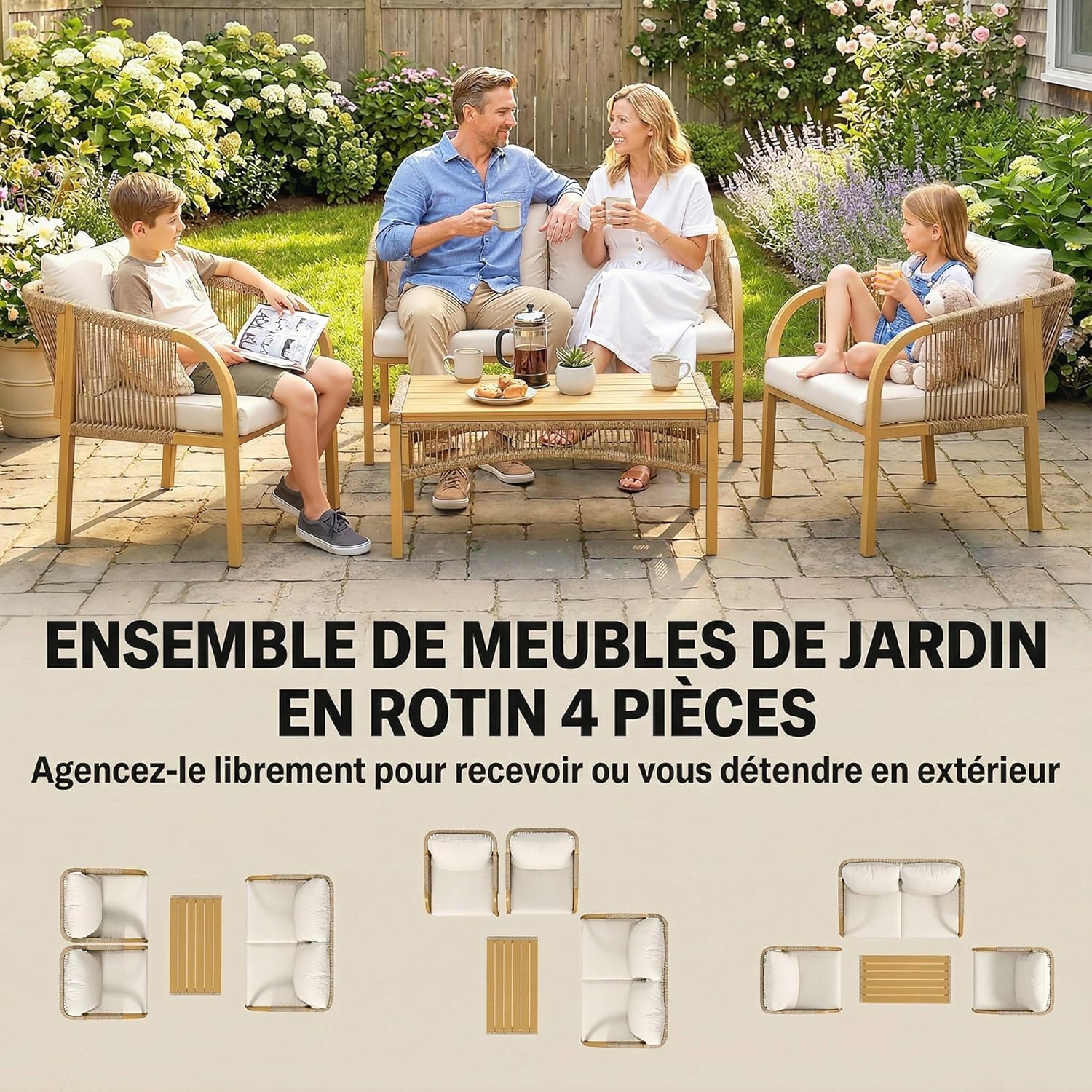 Outsunny - Salon de jardin 4 pcs - canapé 2 places, coussins, table basse, plateau acier imitation bois - kaki
