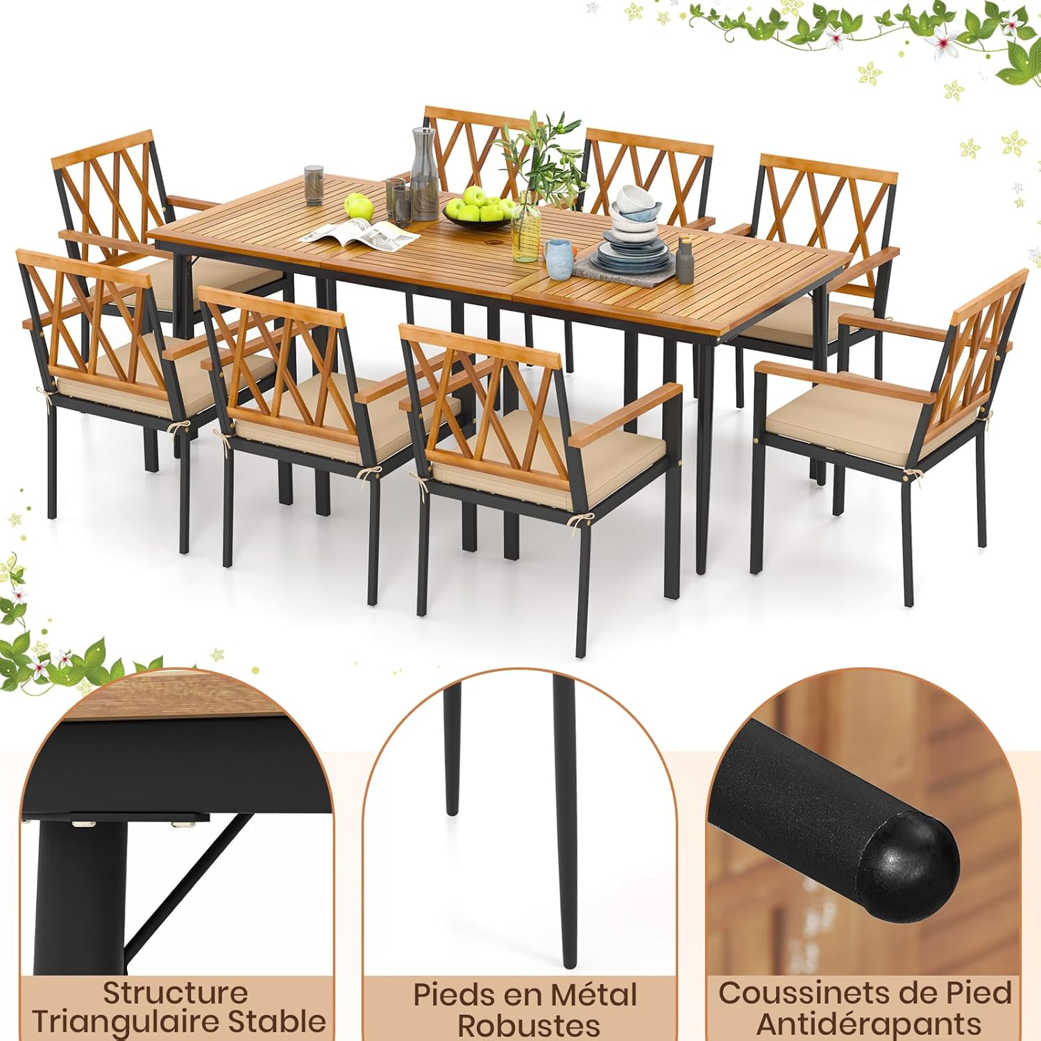 GOPLUS - Table de jardin 8 personnes - 190x90cm - bois acacia, trou parasol 5cm, pieds métal, charge 75kg