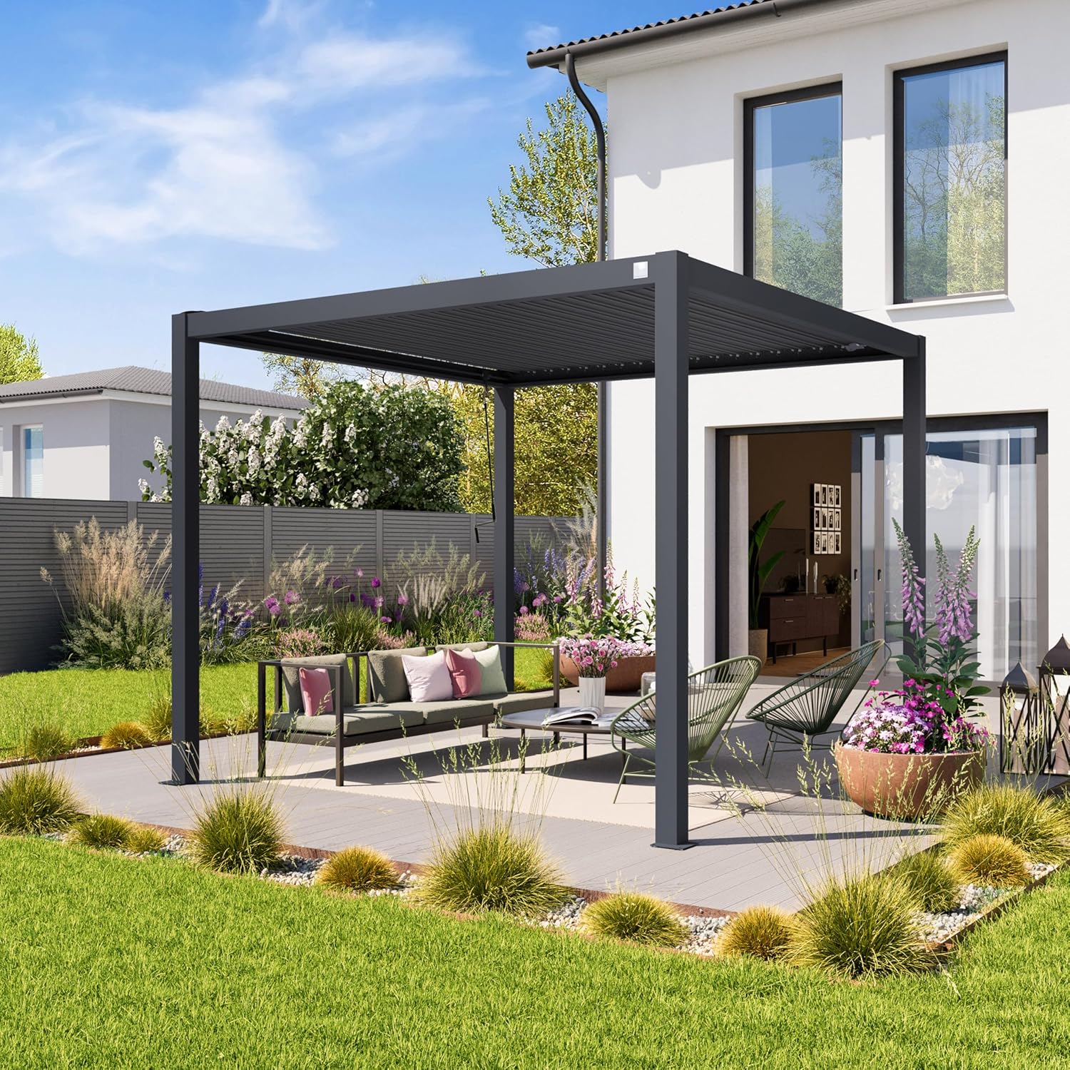 PRIMEYARD - Pergola série standard - 3x3 m alu et lames acier orientables