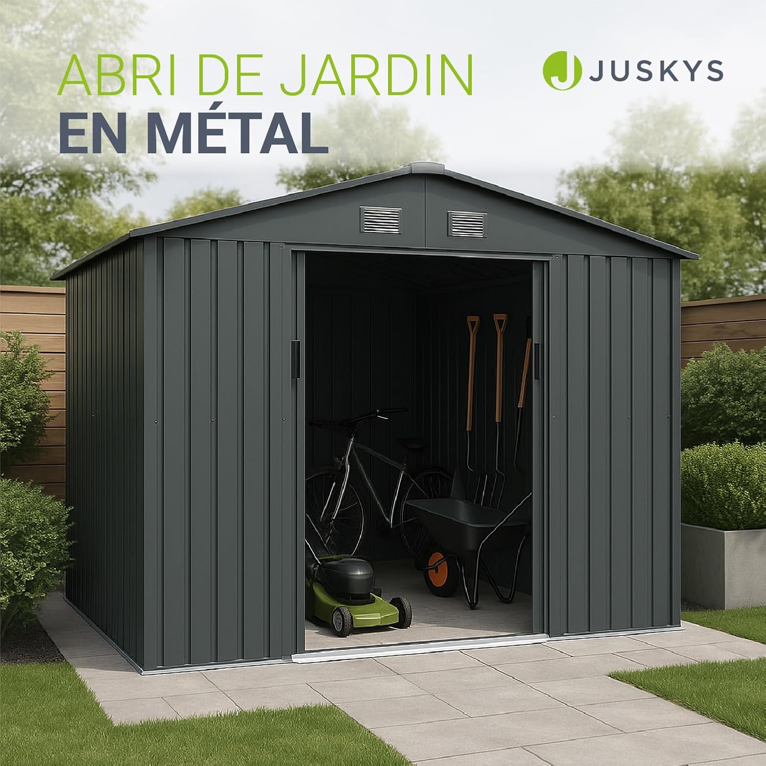Juskys - abri métallique XL - spacieux, porte coulissante, cadre fondation