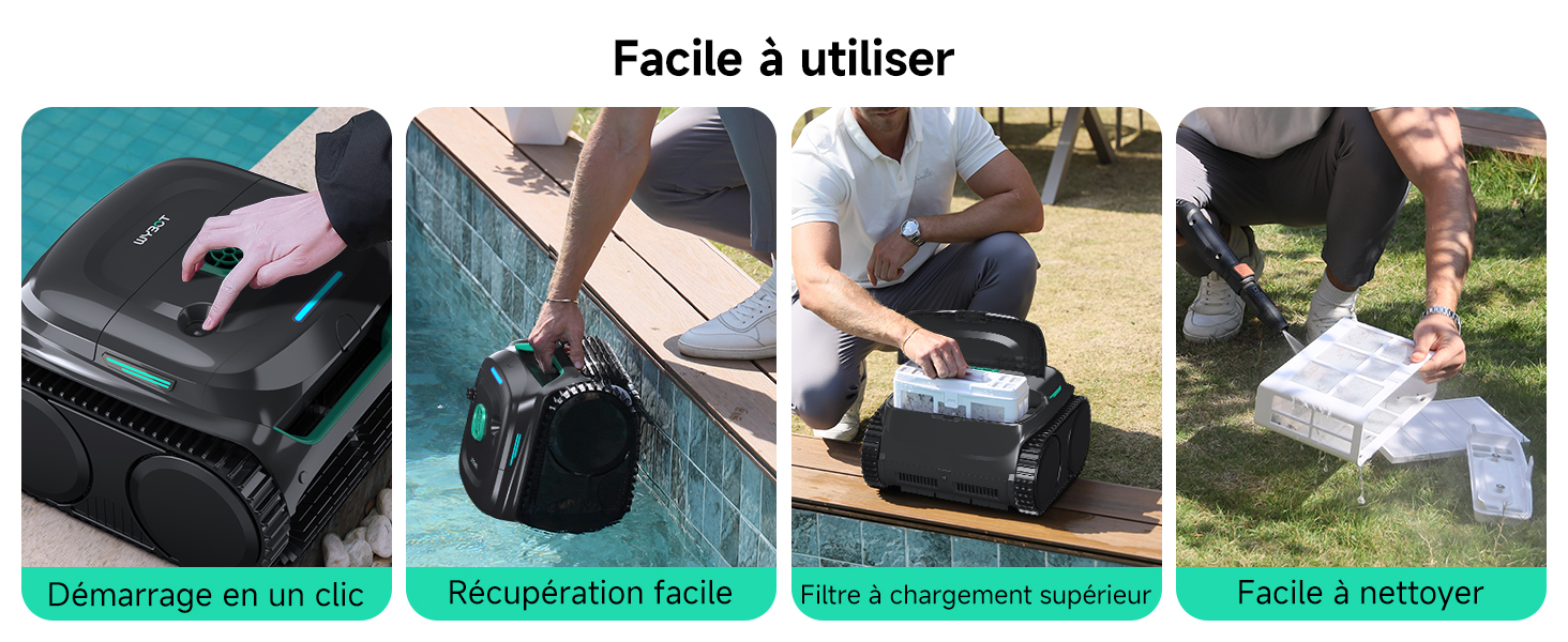 Le texte indique « Facile à utiliser ». Démonstration d'utilisation à quatre panneaux montrant un sac à dos avec joint étanche, une protection contre les intempéries, un transport en extérieur et des applications de protection contre la pluie.