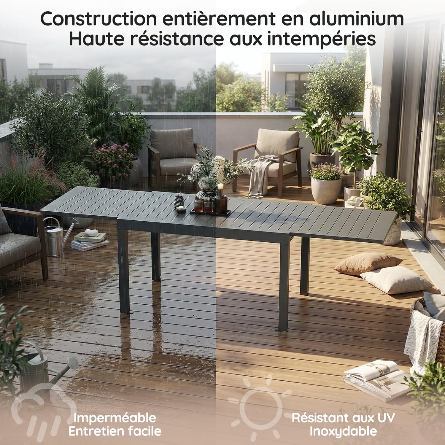 Devoko - Table extensible aluminium - 80/160x80x75 cm - Résistante, gris