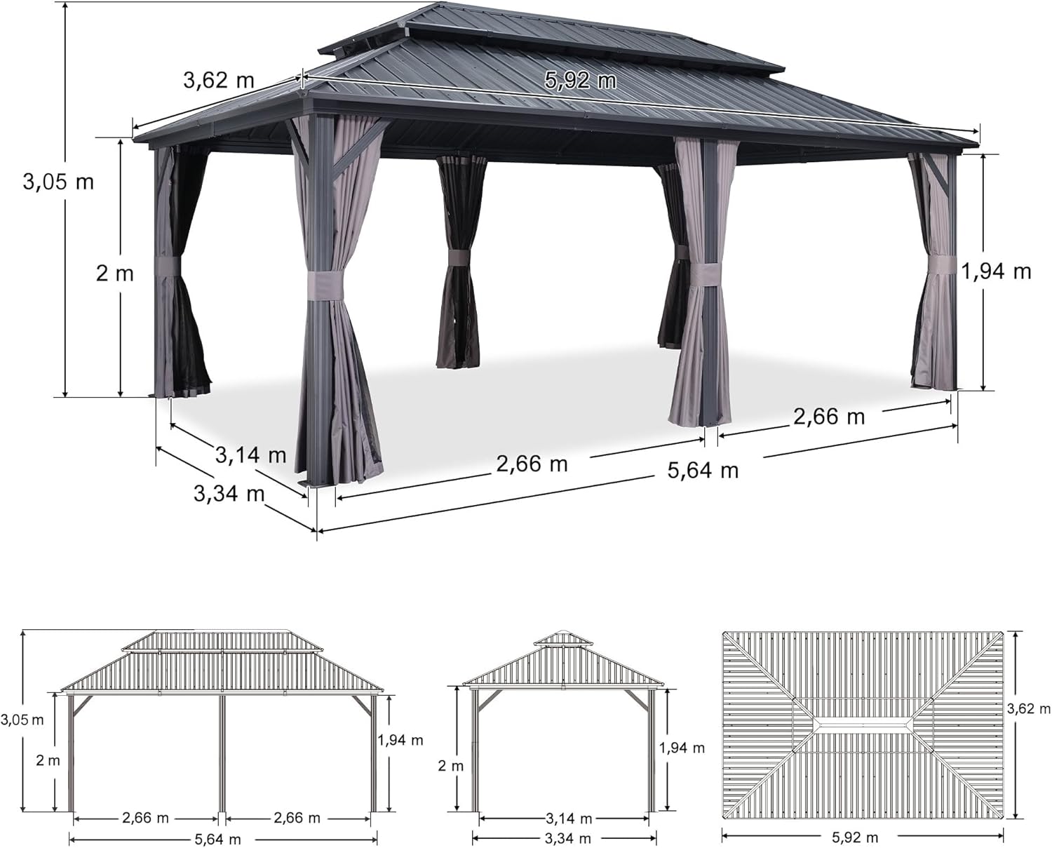 PURPLE LEAF - Tonnelle double toit rigide, 6 x 3,65 m, moustiquaire, aluminium, gris