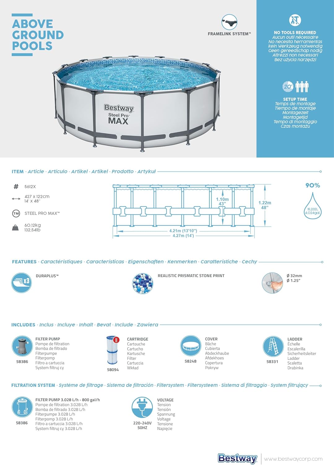 Bestway - Steel Pro Max série - 4,27x1,22m - piscine hors sol ronde