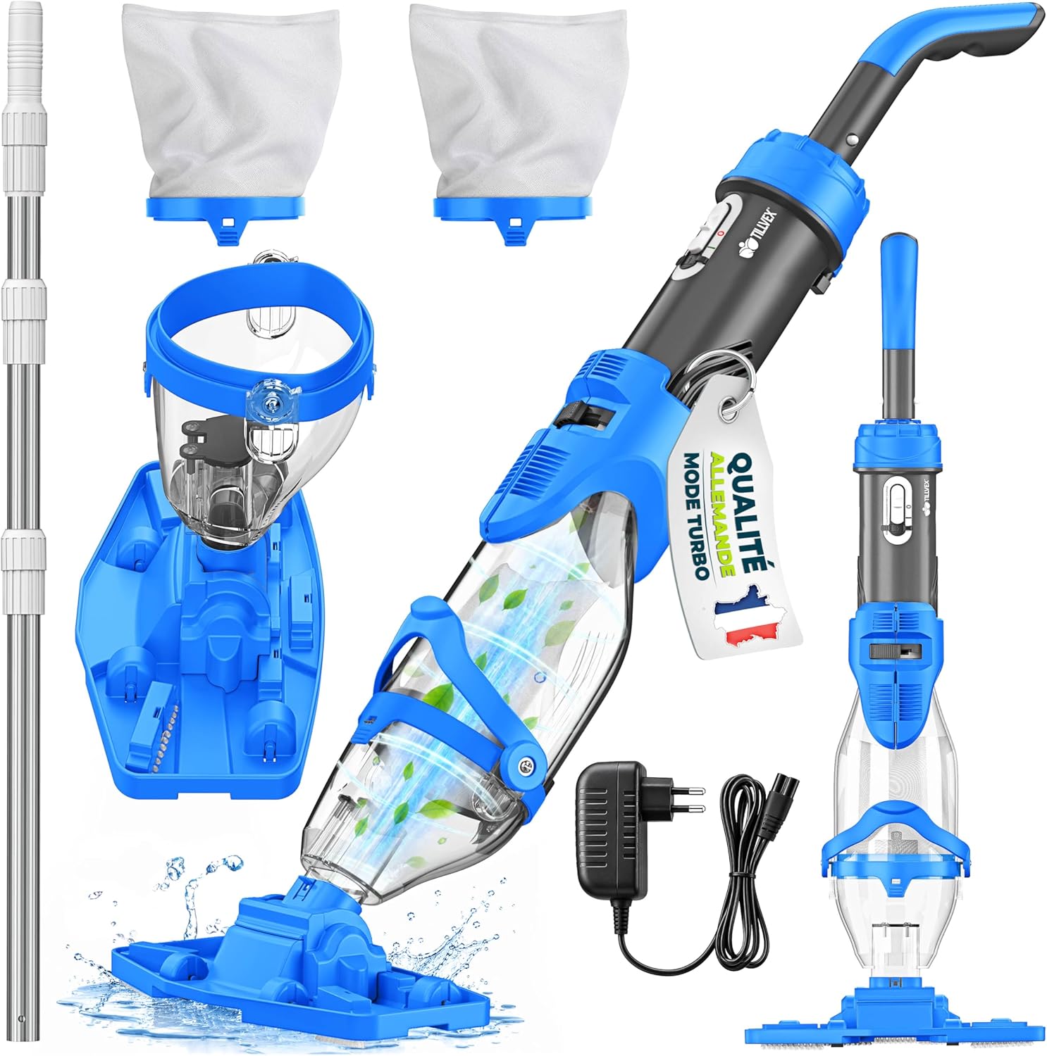 tillvex - Aspirateur piscine électrique - manche télescopique, filtre, autonomie 60min