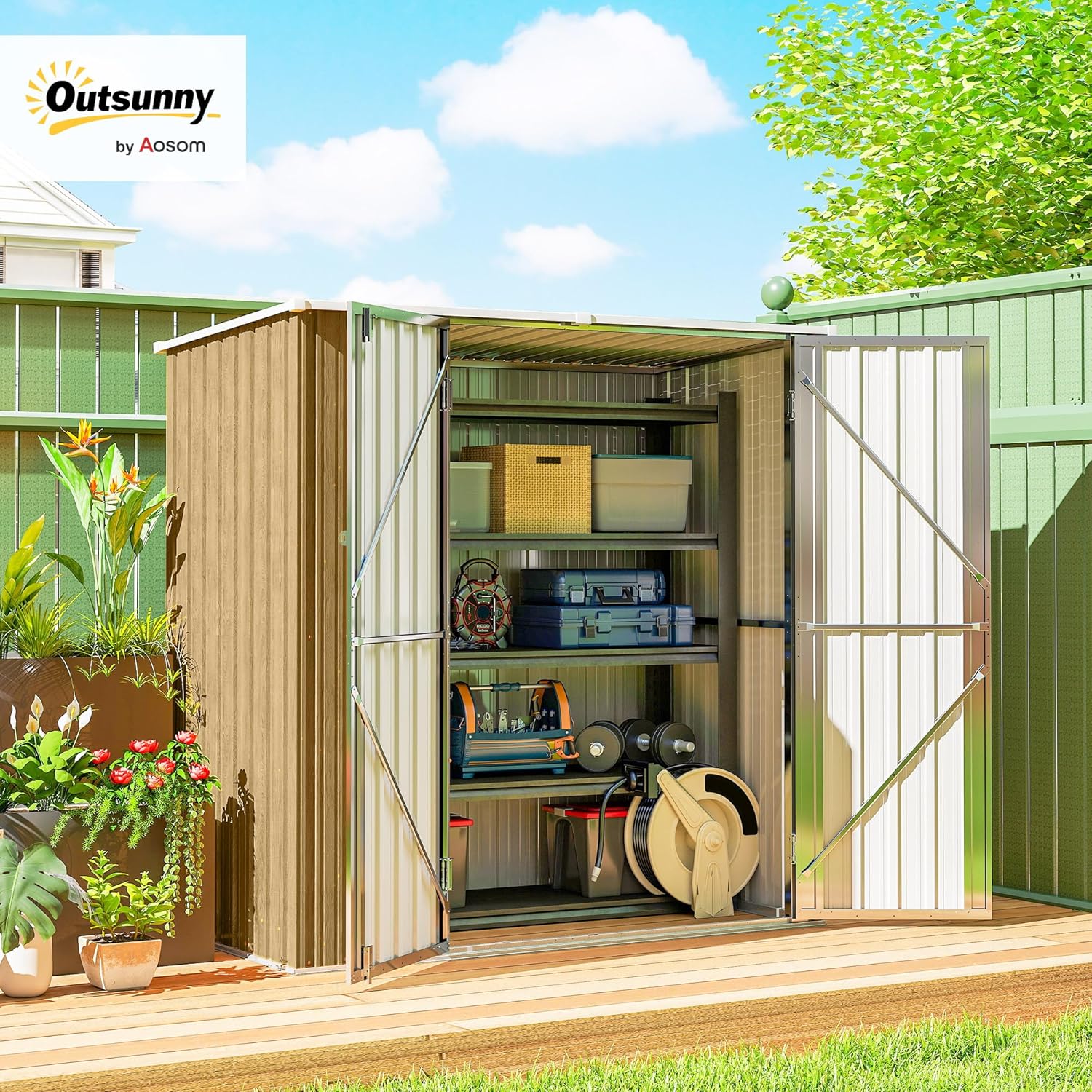 Outsunny Abri de Jardin d'extérieur 1,37 m², 163 x 89 x 163 cm, abri de Jardin métallique d'extérieur avec Toit en Pente, Portes à loquet et poignées pour Le Rangement des Outils, Marron Clair