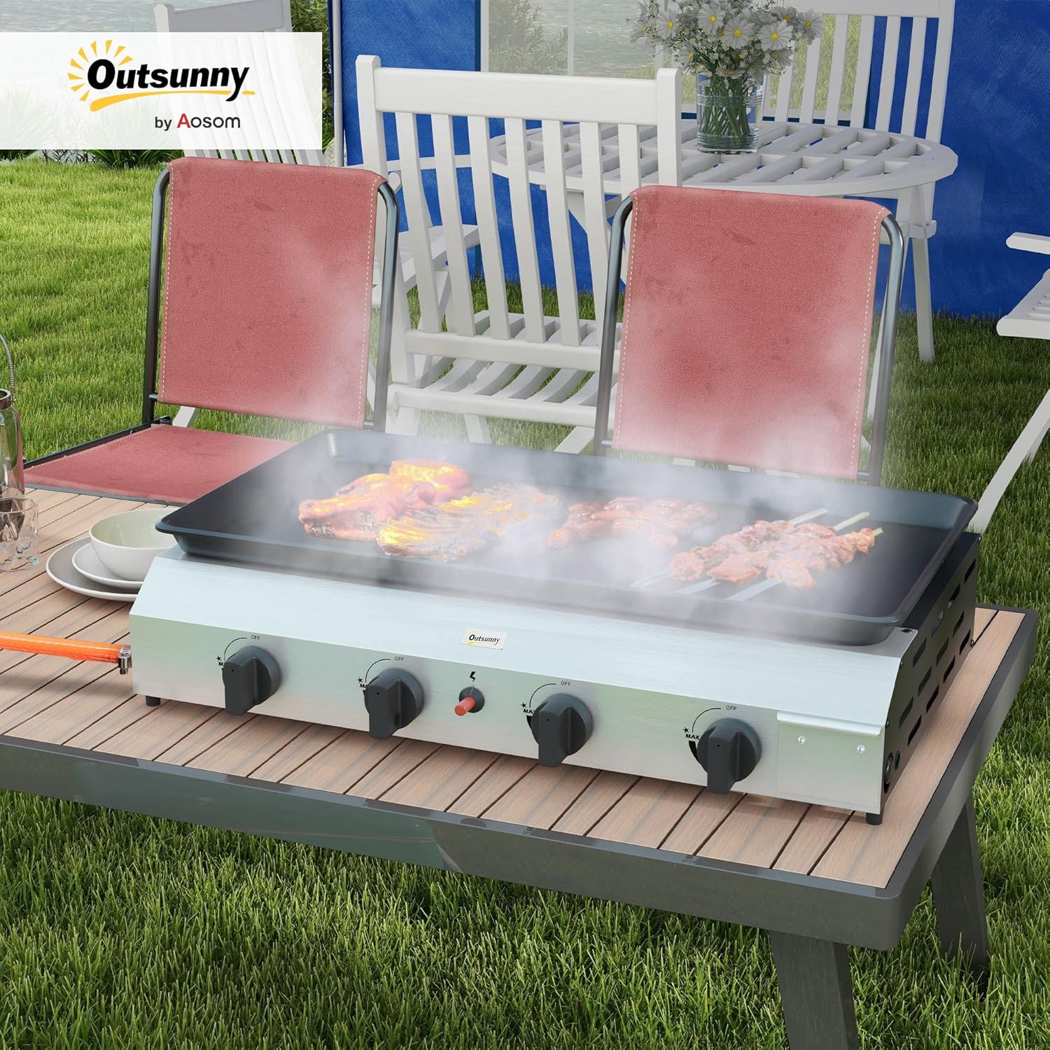 Outsunny - plancha 4 brûleurs - 73x34 cm - acier inox émaillé, 9,6kW, grande surface