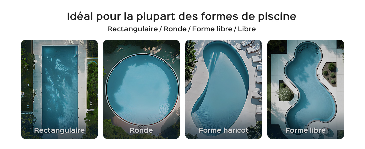 Le texte se lit comme suit : « Idéal pour la plupart des formes de piscine » et « Rectangulaire/Ronde/Forme libre/Libre ». Quatre styles de couverture de piscine sont présentés : rectangulaire, ronde, de forme libre et ovale avec un motif d'eau turquoise.