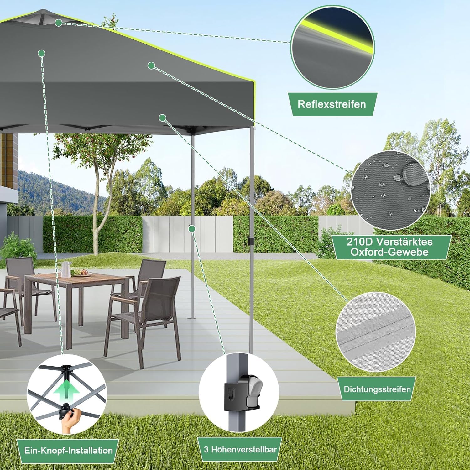 COBIZI - tonnelle pliante série - 3x3m - étanche, stable, UV, pliable, 4 parois, ouverture filet, bandes réfléchissantes