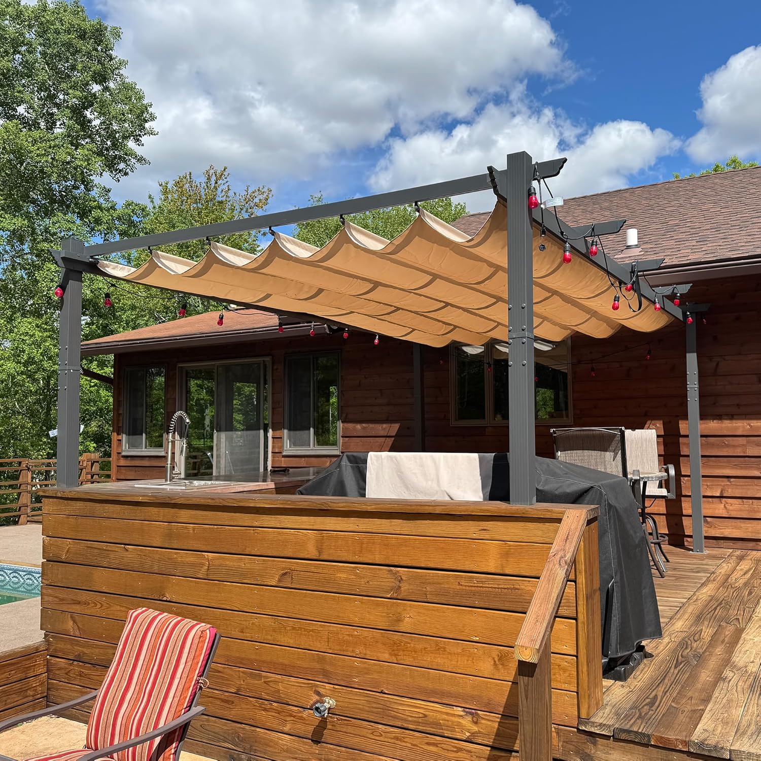 PURPLE LEAF - Pergola aluminium série - 4,8x3,5m - toit coulissant, tissu teint fil, kaki