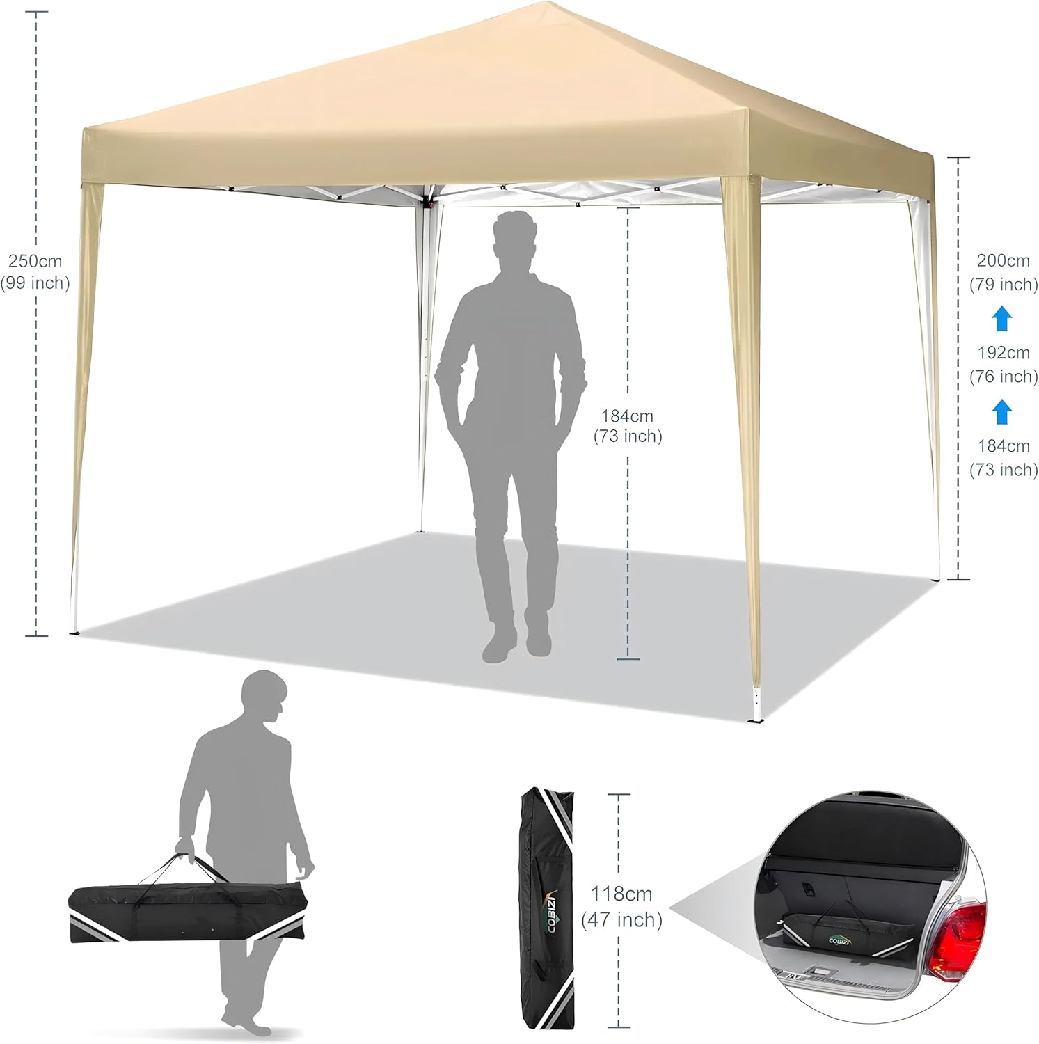 COBIZI - Tonnelle série escamotable 3x3 m, côtés, imperméable, 4 sacs de sable, extérieur, kaki