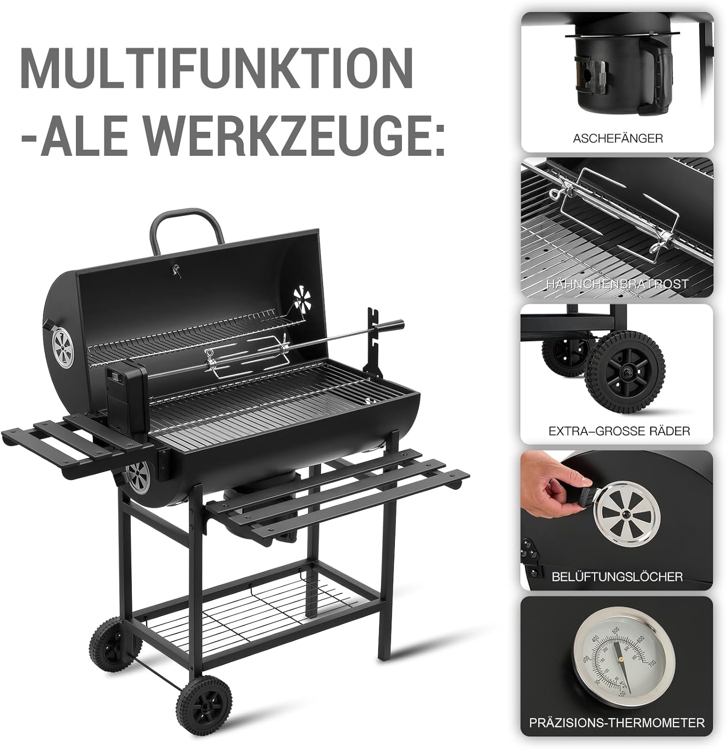 TEENO - Barbecue charbon de bois XL, tiroir cendres, thermomètre, grill poulet