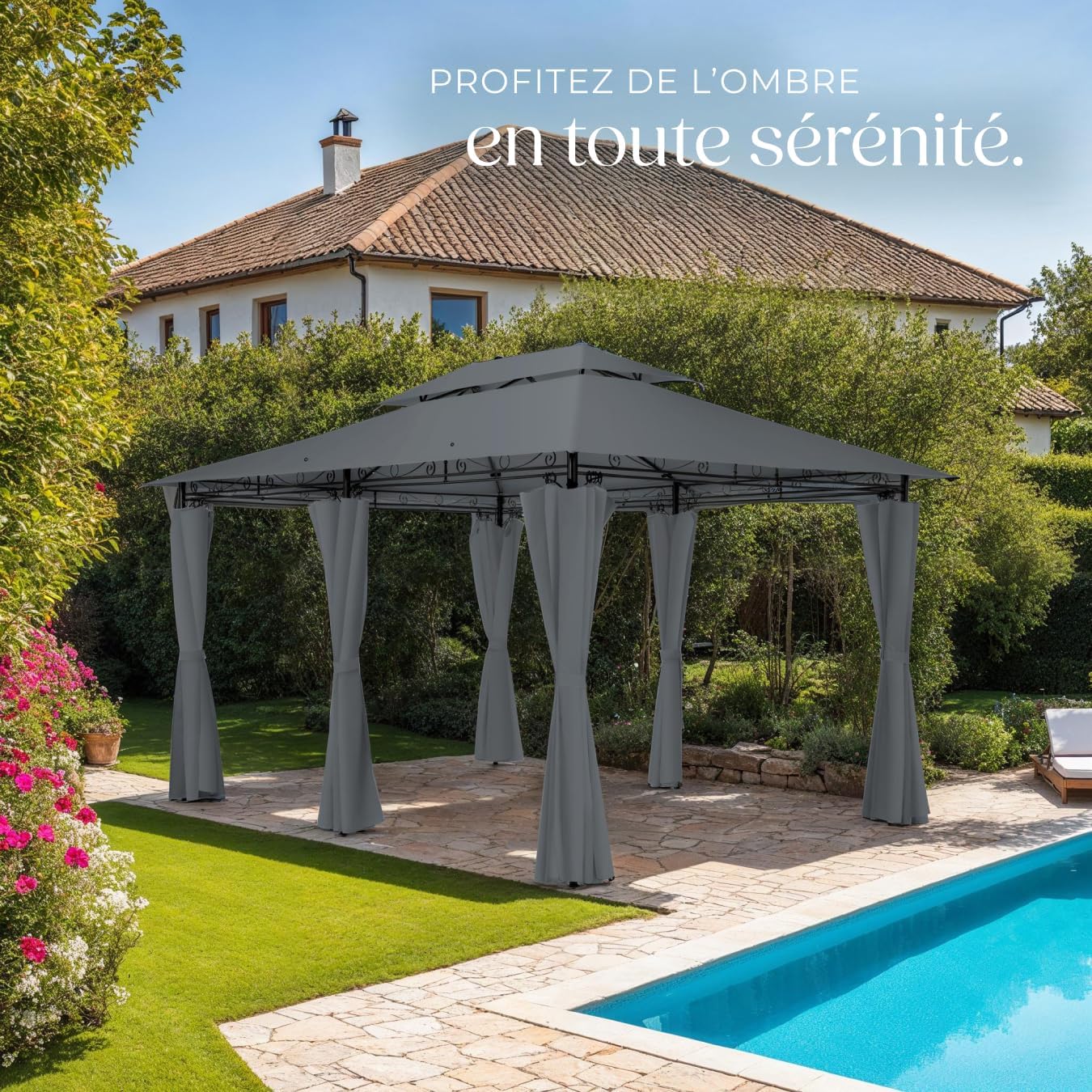 tectake - tonnelle de jardin 4x3m - acier epoxy, imperméable, rideaux, UV50+