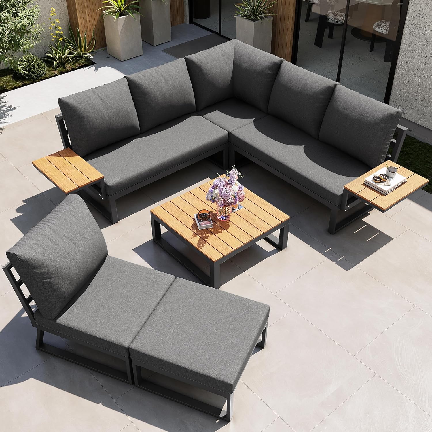 Sapgaks - salon de jardin 7 places, angle inclinable, coussins, table basse - F-Gris