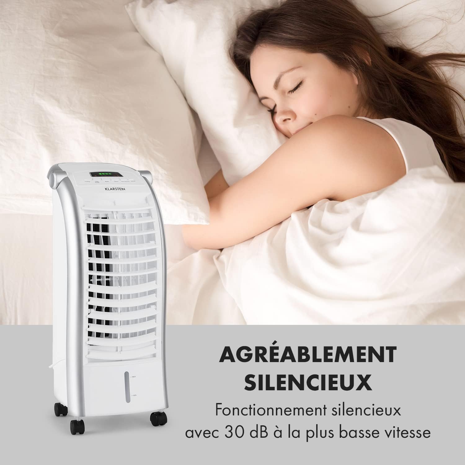 Klarstein Rafraichisseur d'Air 4 en 1, Climatiseur Portable, Humidificateur, Ventilateur, Ioniseur, Climatiseur Mobile Sans Évacuation, Pack Glacons, Réservoir 6L, 65W, Puissant Débit d'Air 444m³/h