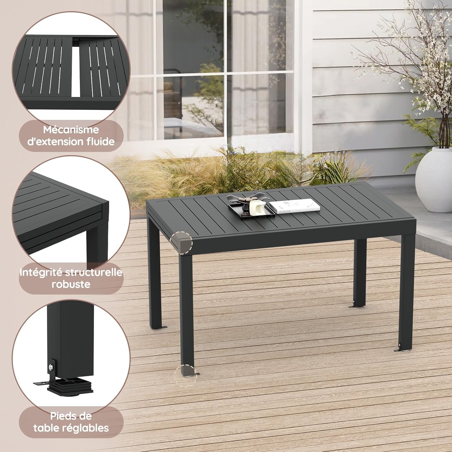 Devoko - Table extensible aluminium - 80/160x80x75 cm - Résistante, gris