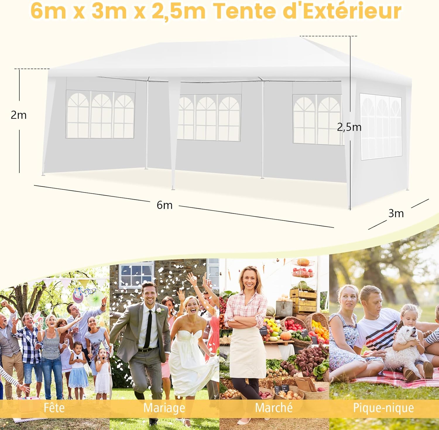 COSTWAY - Tonnelle de Jardin 3x6m avec 4 Murs Amovibles et Fenêtre - Piquets solides, Sac inclus, idéale fêtes et BBQ - 