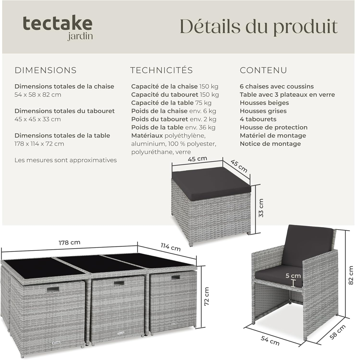 tectake - Salon de jardin 10 places, aluminium, résine tressée, housses incluses, gris clair